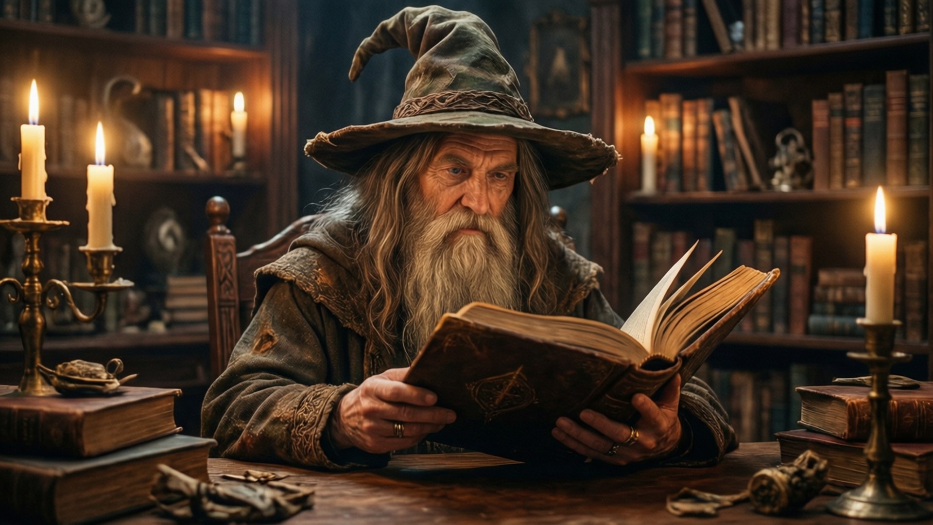 A wizard reading in a magical library, perfect for calm wallpapers.