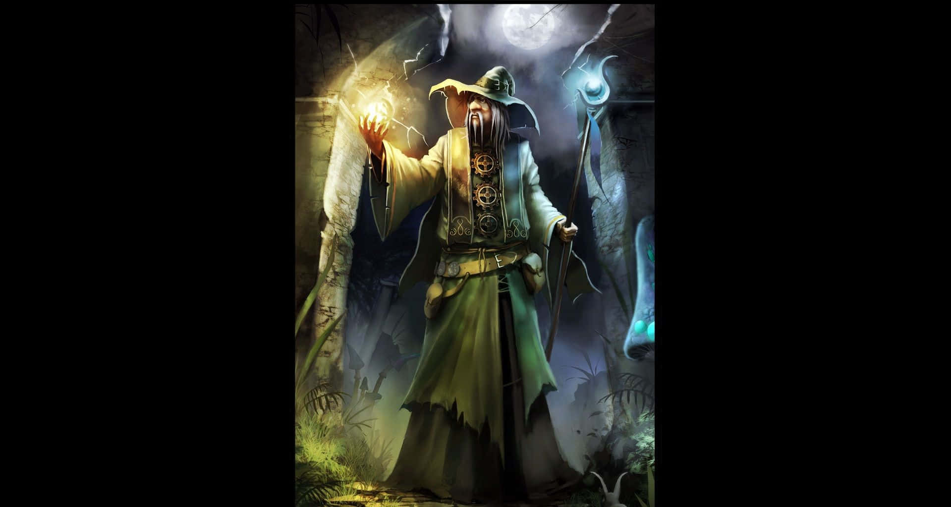 Powerful Wizard casting a spell in the magical realm Wallpaper