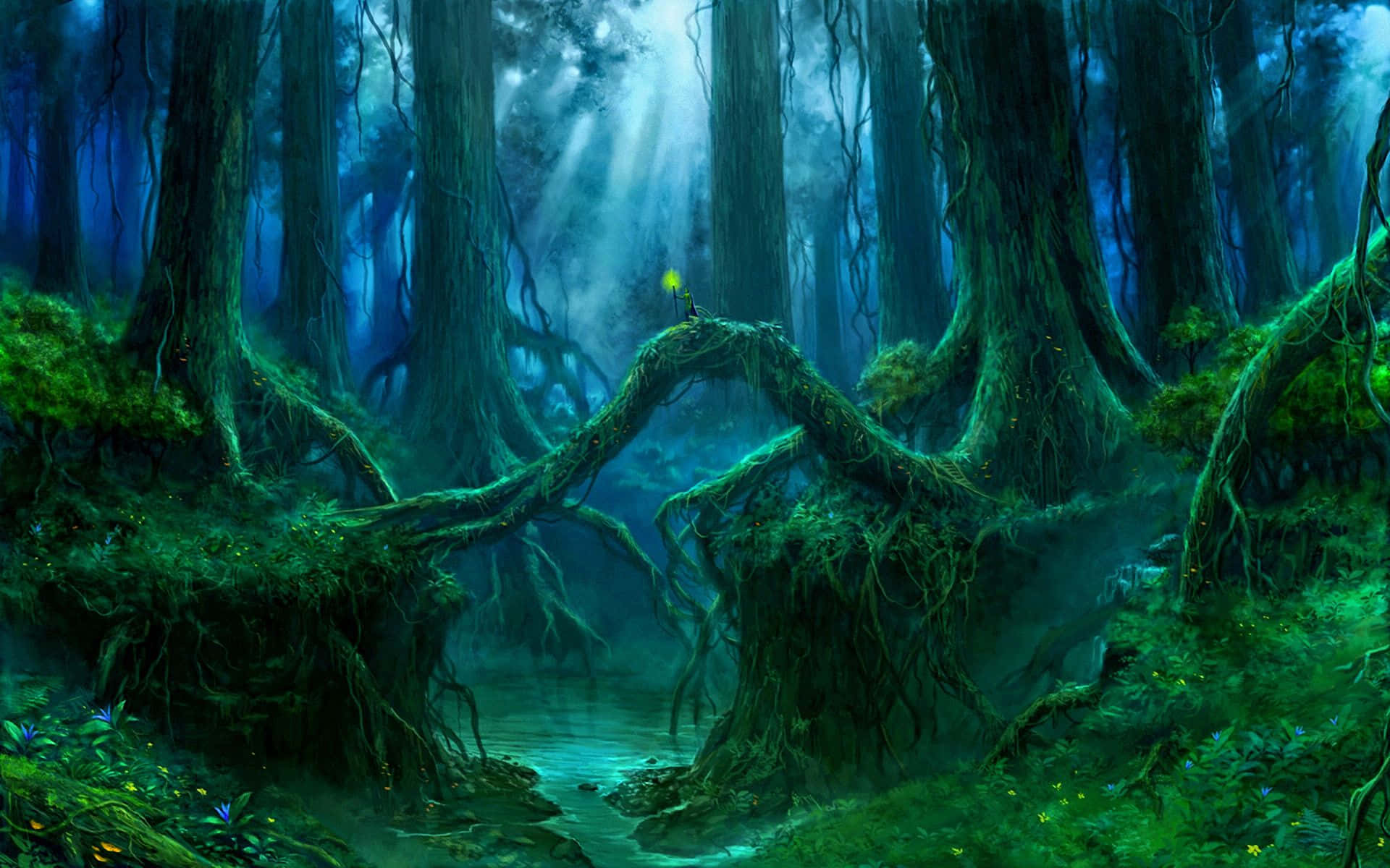 Mystical Wizard Performing a Magical Spell in the Enchanted Forest Wallpaper