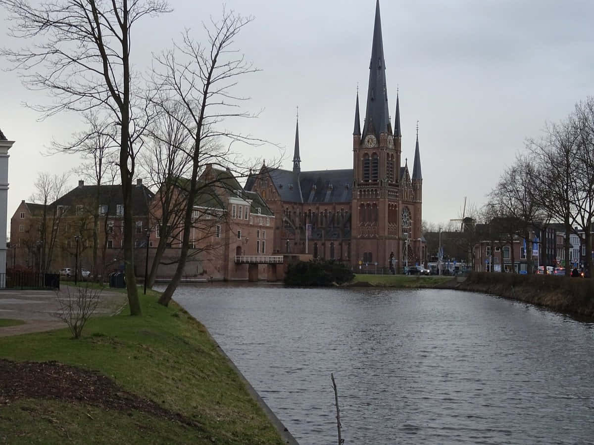 Woerden Riverside Viewwith Church Wallpaper