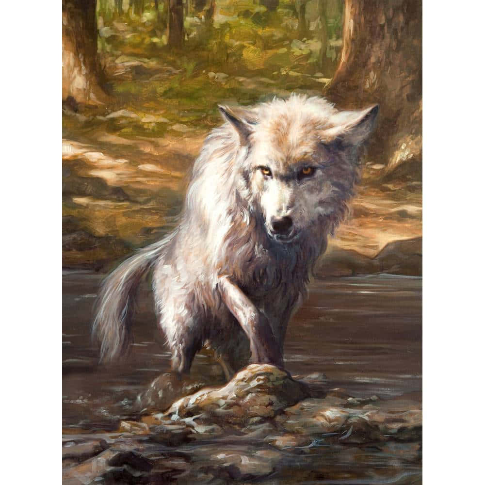 Majestic Wolf Art in a Serene Forest Wallpaper