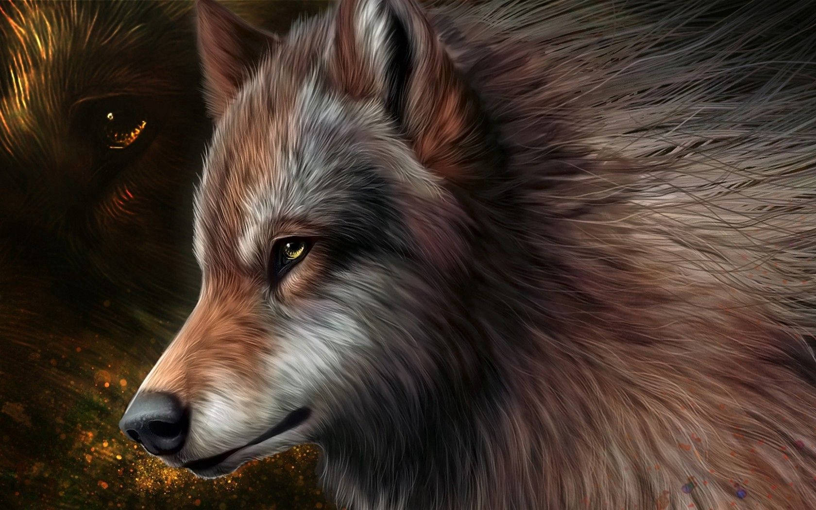 Wolf art with brown shiny fur looking from afar.