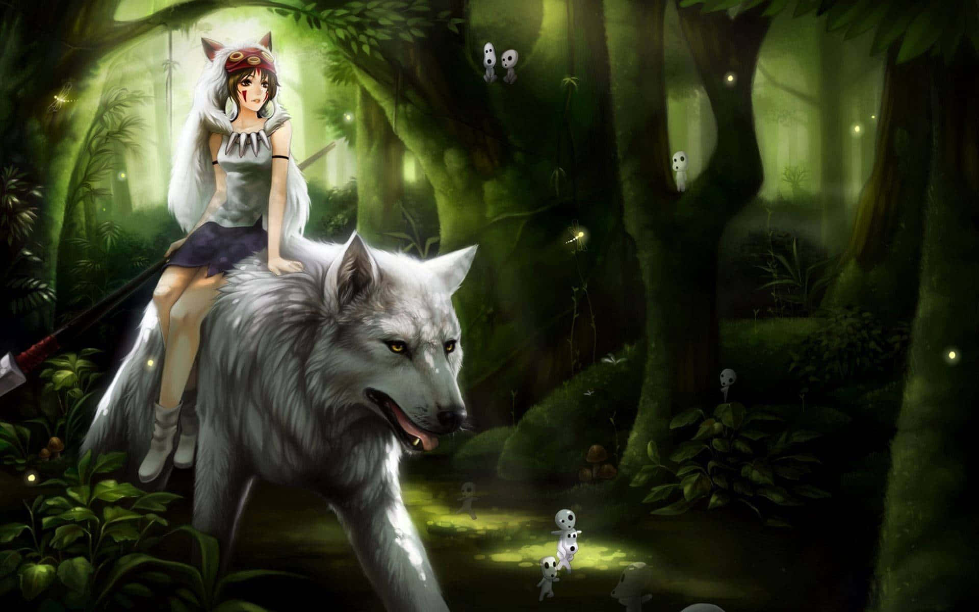 A Girl Riding A Wolf In The Forest