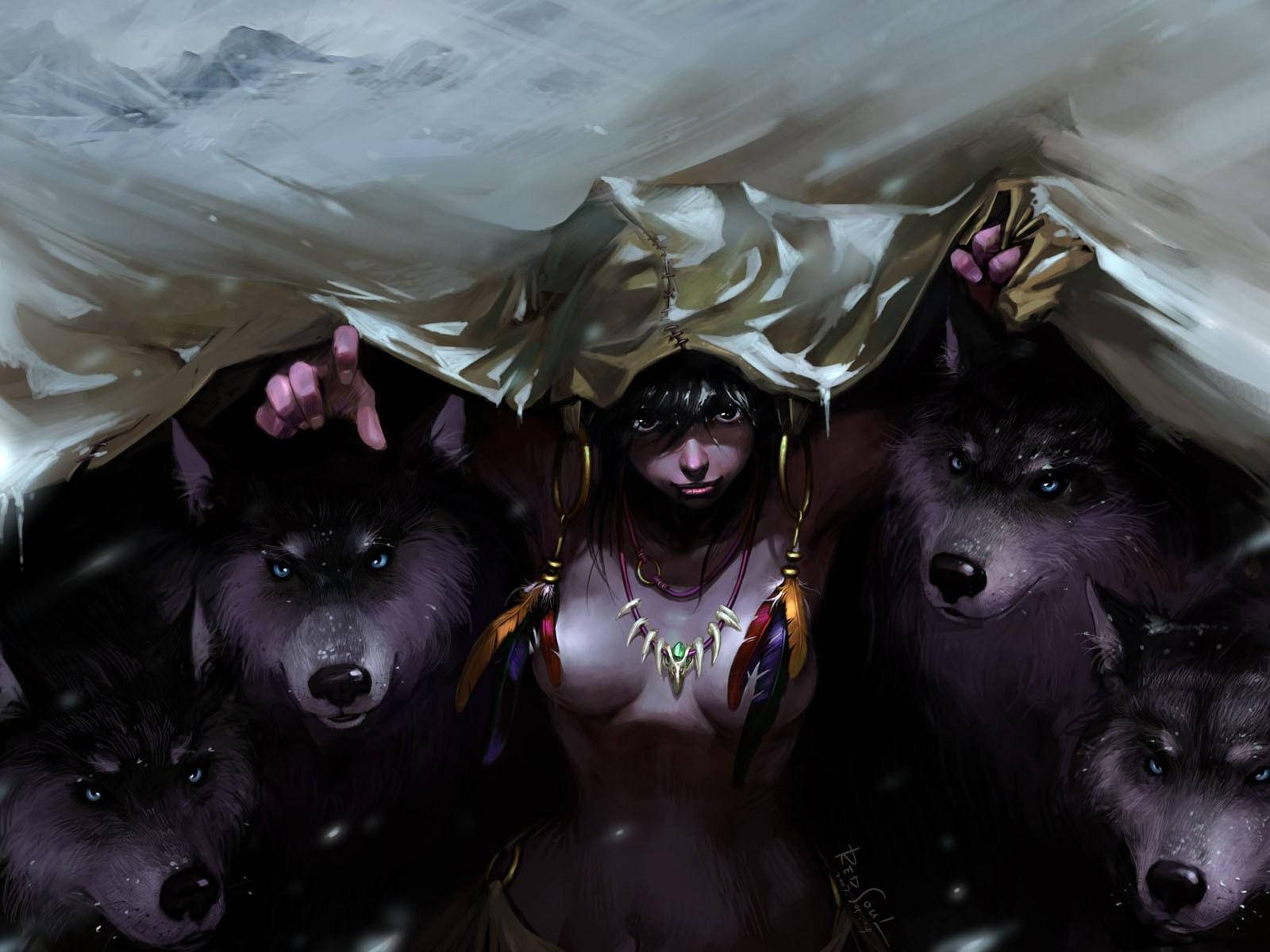 Wolfmädchen Und Vier Wölfe. Wallpaper