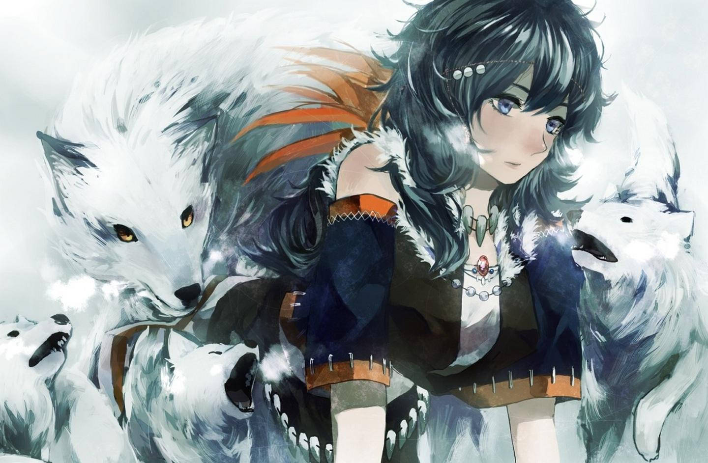 Wolf Girl Anime And White Wolves Wallpaper