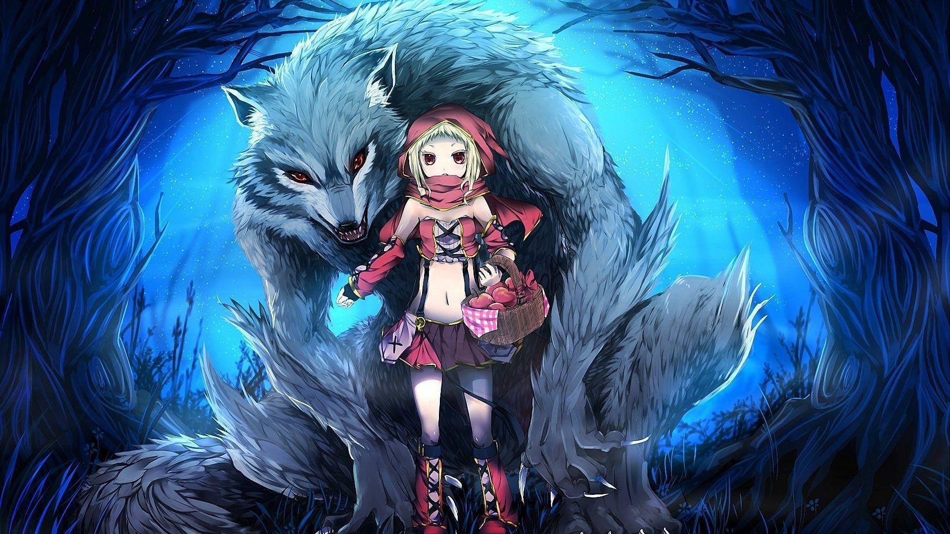 Mädchenmit Wolf Im Roten Outfit Wallpaper