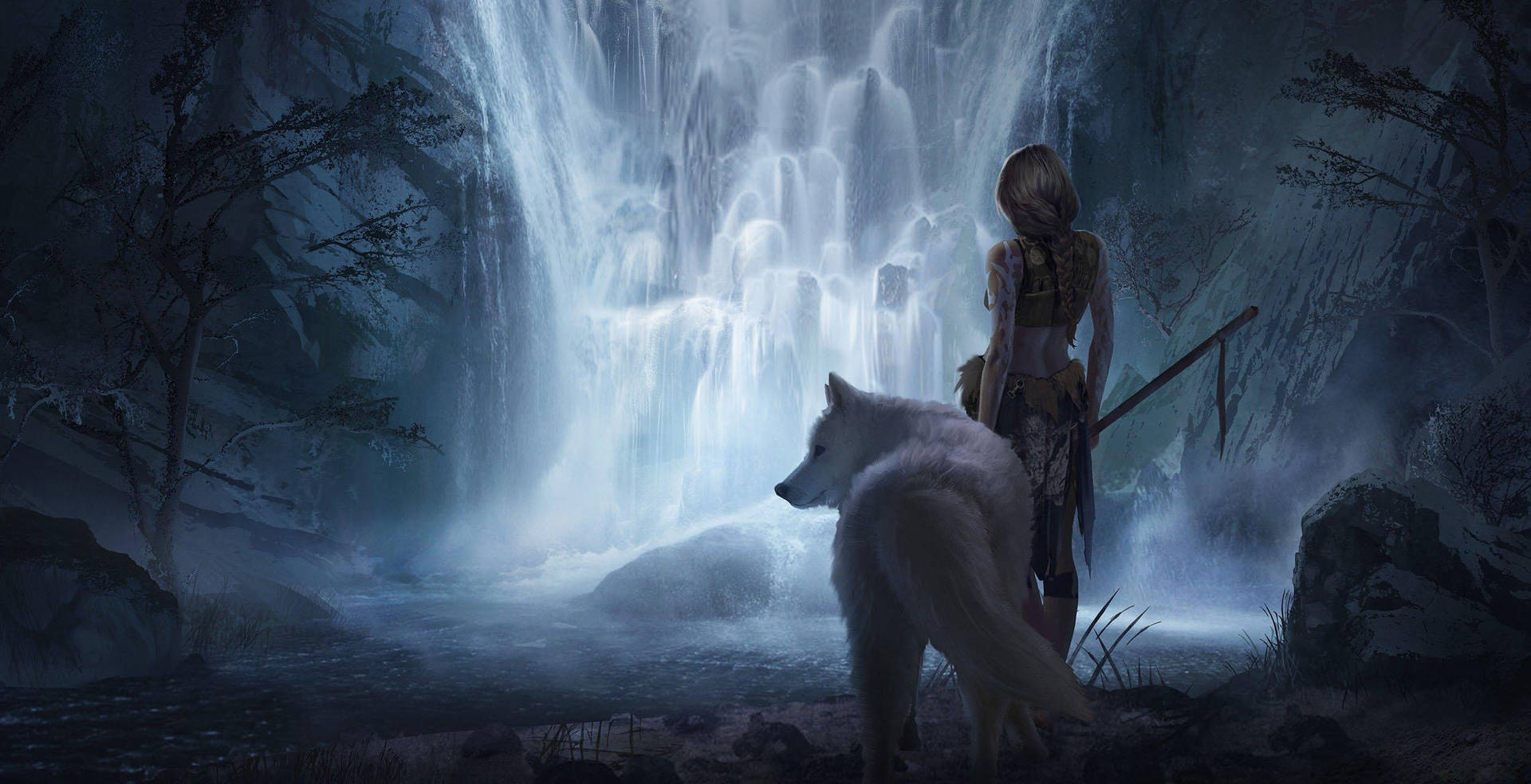 Wolf Girl In Waterfall Wallpaper