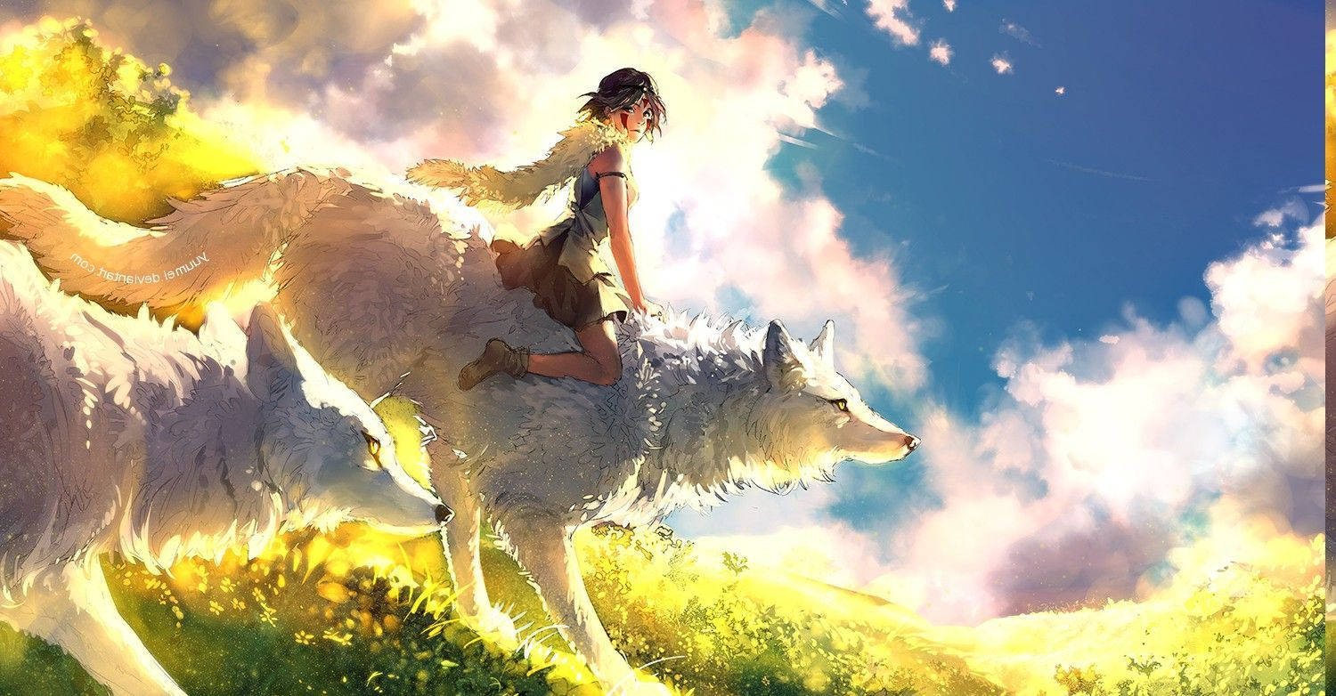Wolf Girl On White Wolf Painting Wallpaper