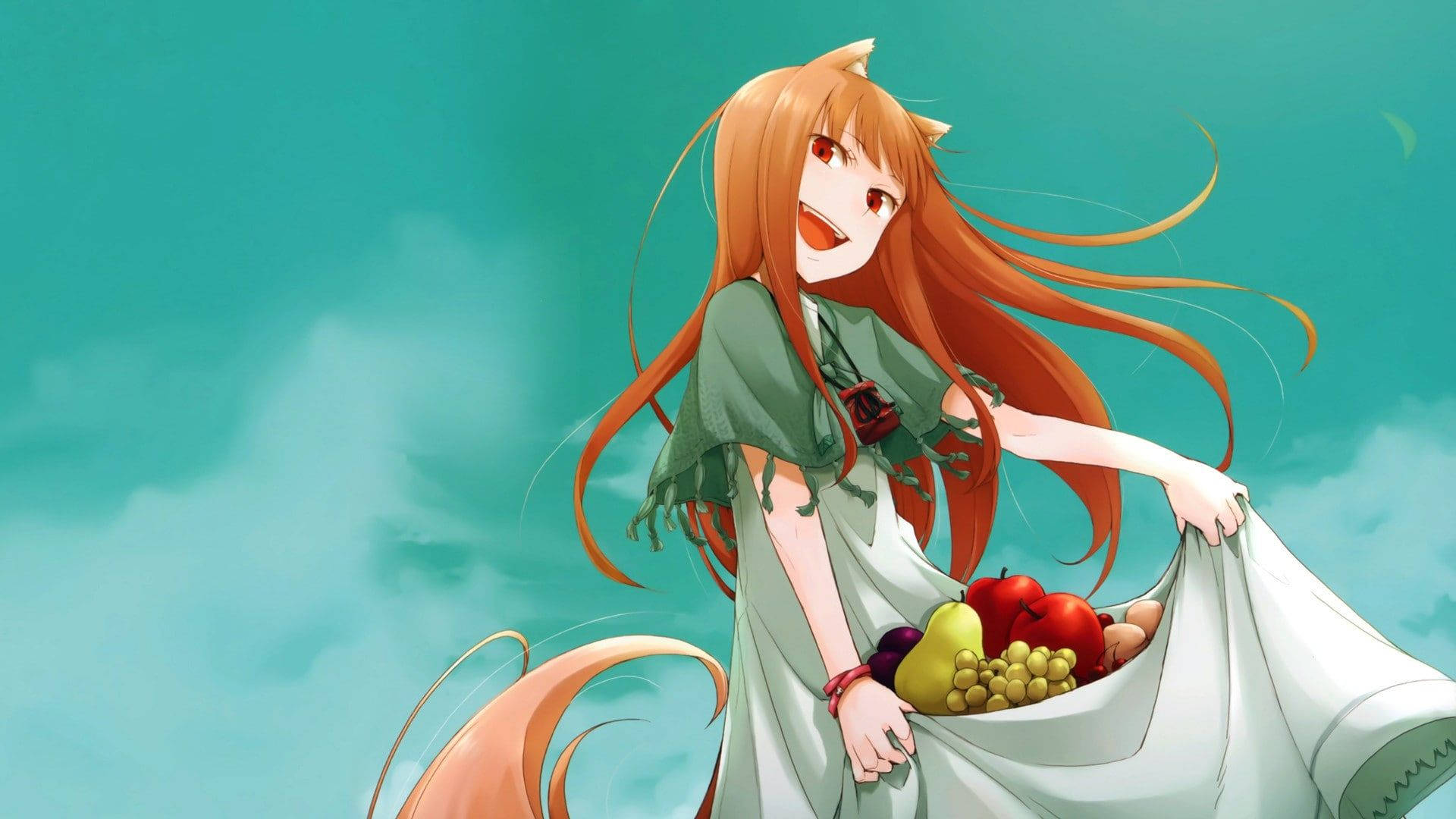 Wolf Girl With Fruits Art Wallpaper