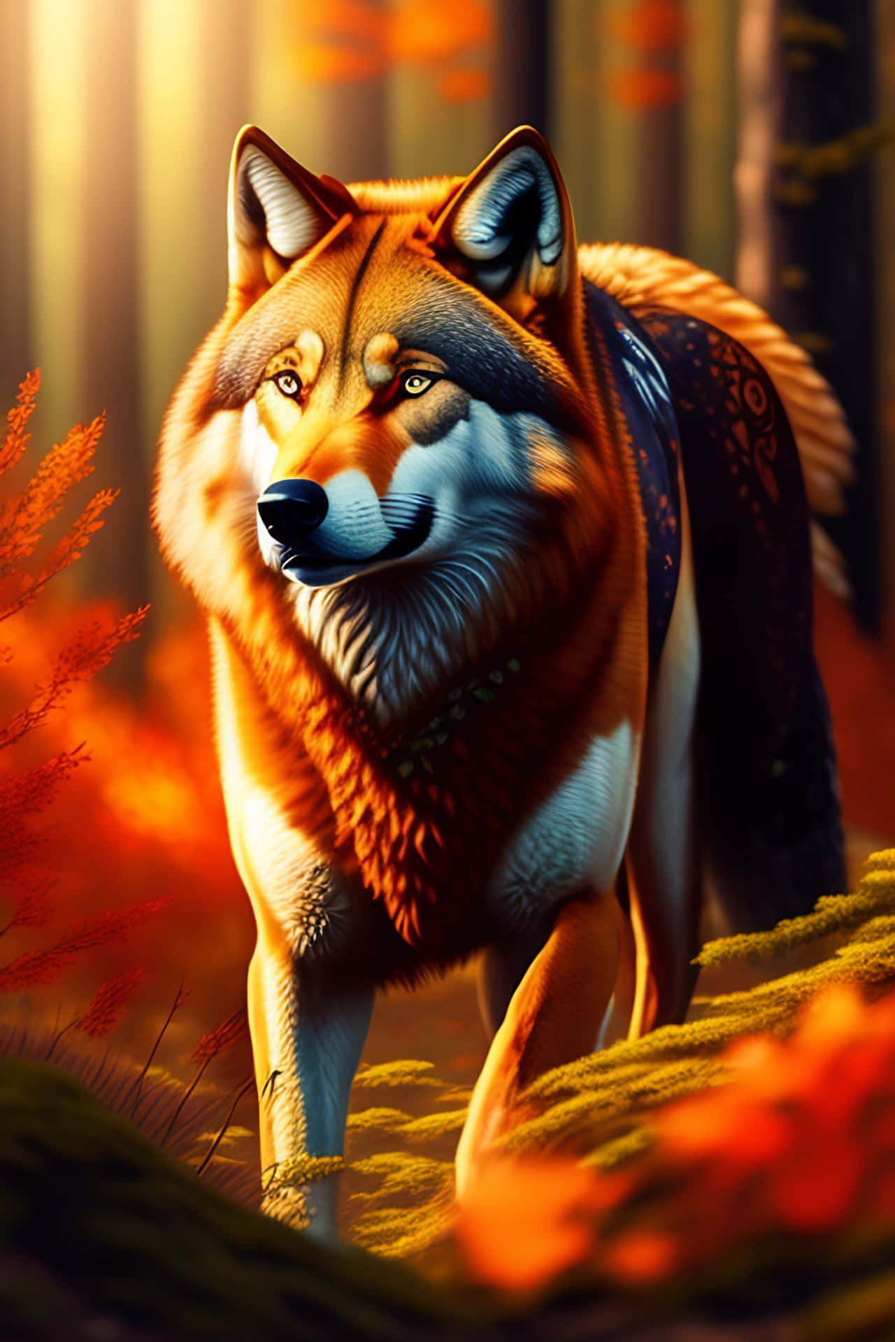 Majestic wolf amidst the autumn foliage Wallpaper