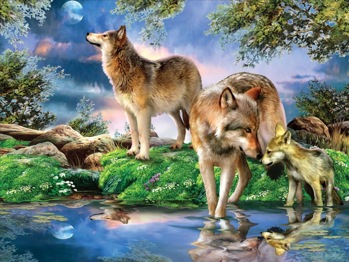 Majestic Wolf in a Lush Spring Forest Wallpaper