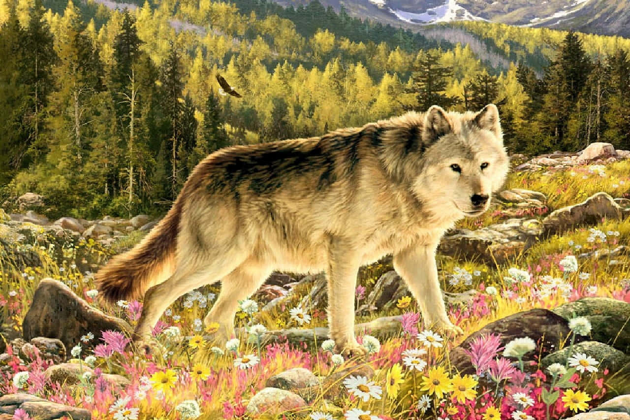 Majestic wolf amidst spring blossoms Wallpaper