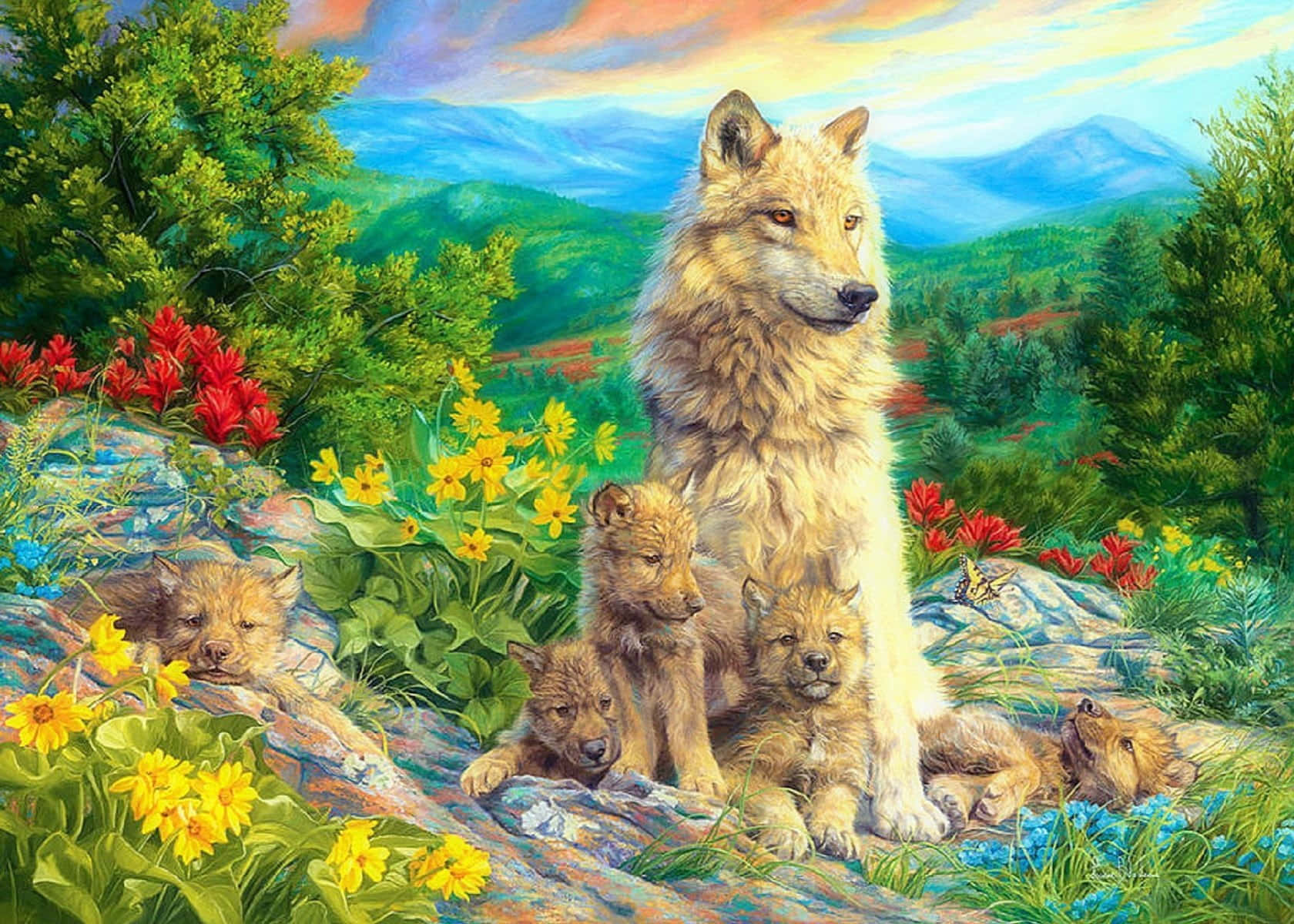 Majestic Wolf in a Vibrant Spring Forest Wallpaper