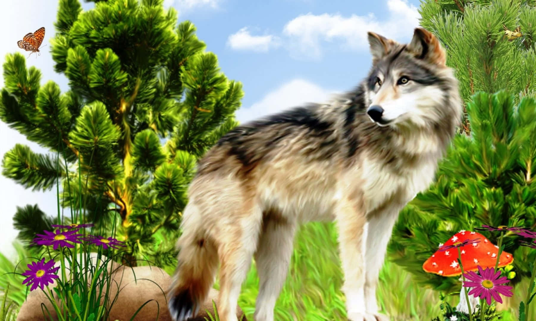 Majestic Wolf Strolling Through Lush Spring Forest Wallpaper