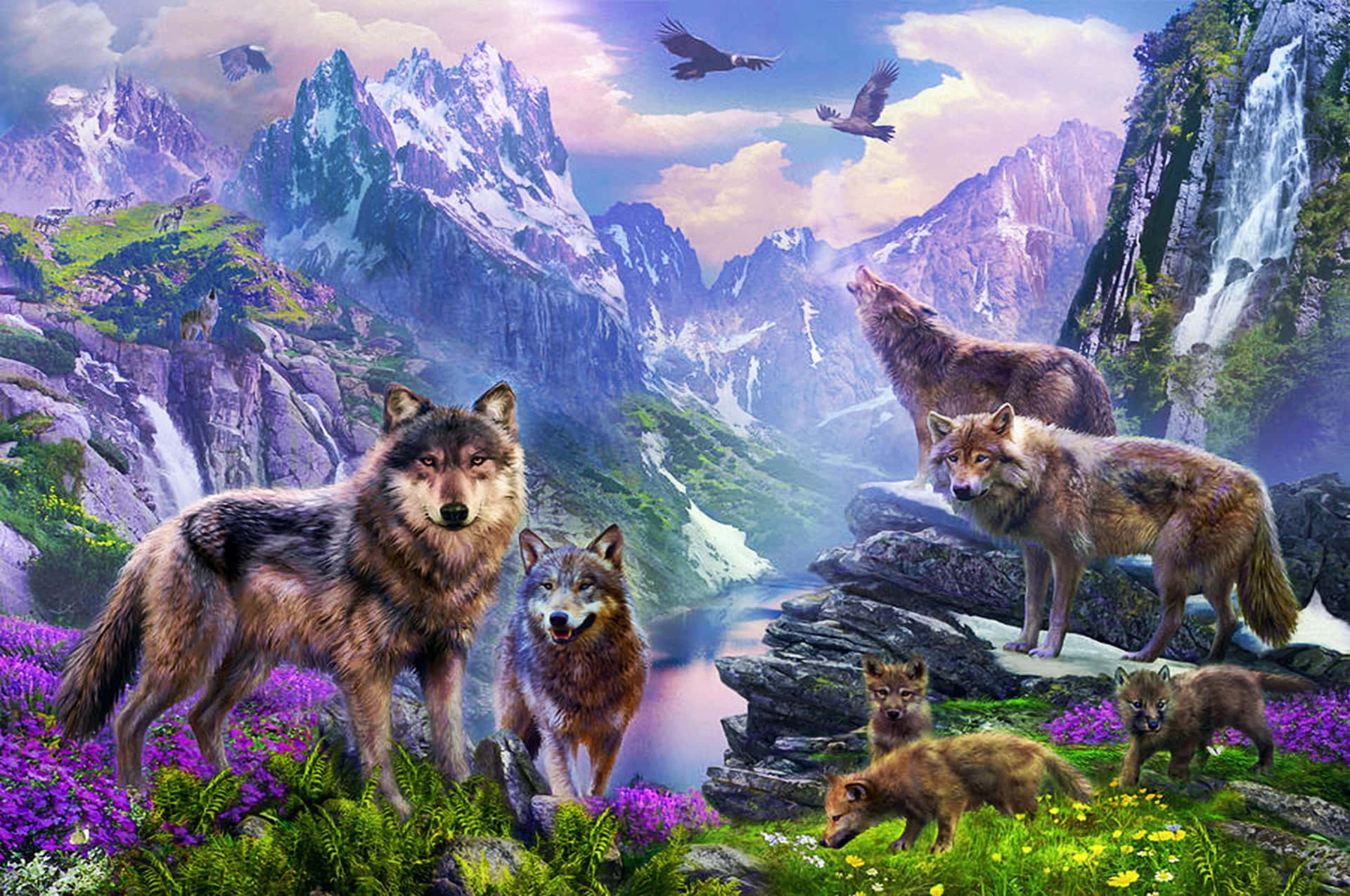 Majestic wolf amidst vibrant spring foliage Wallpaper