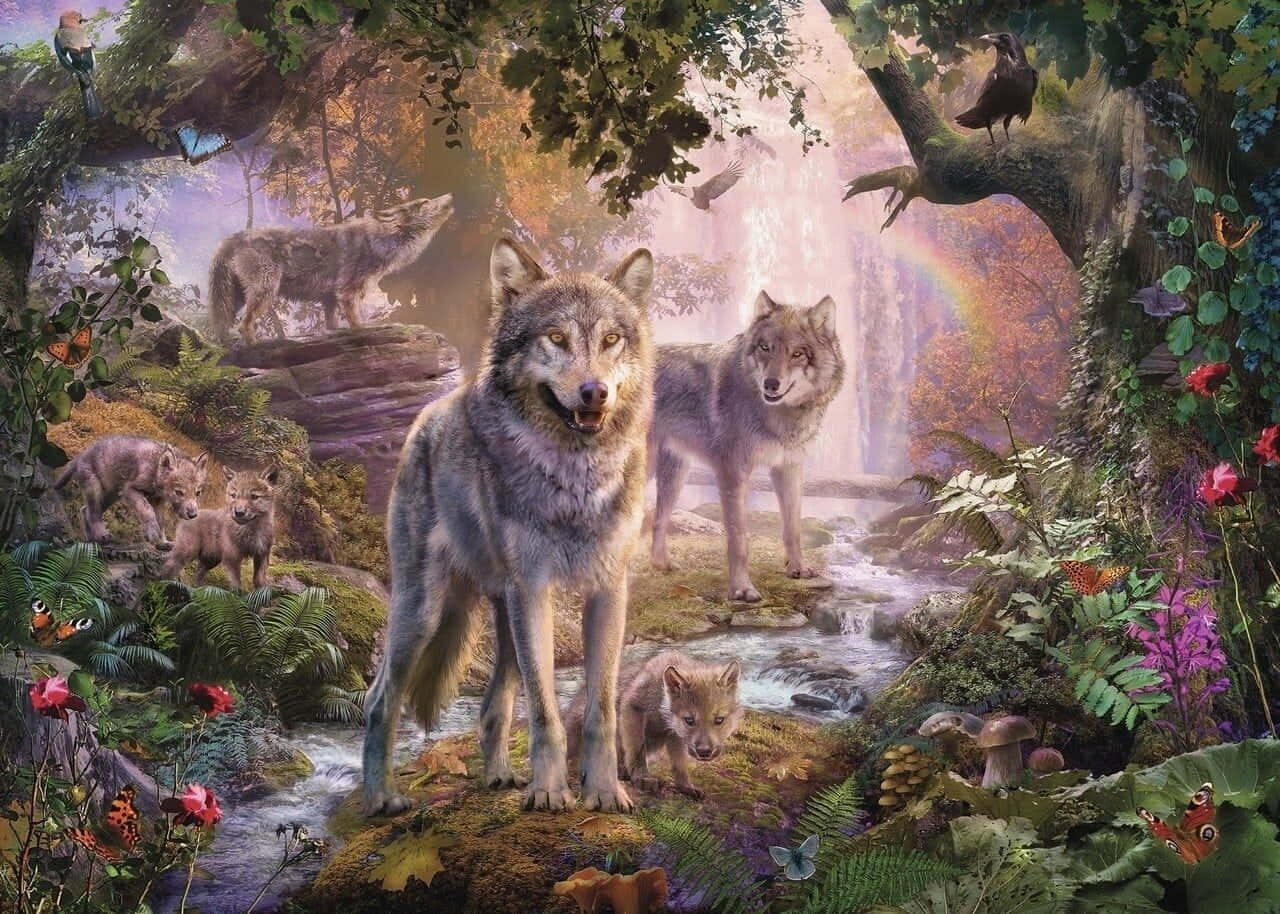 A majestic wolf in a lush summer landscape Wallpaper
