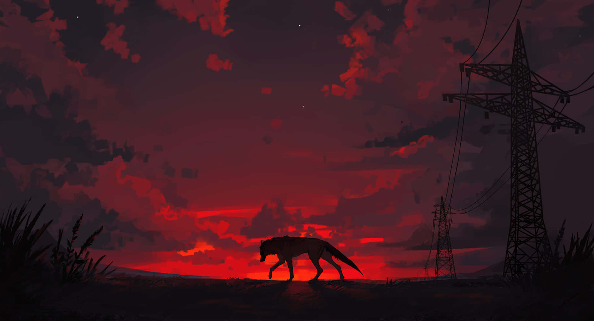 Majestic wolf silhouetted against a dramatic sunset Wallpaper