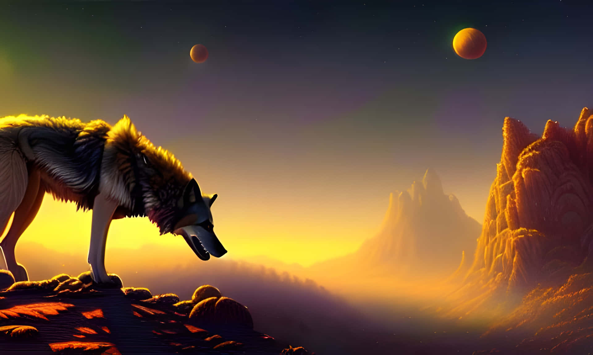 Majestic Wolf Basking in the Warm Glow of a Sunset Wallpaper