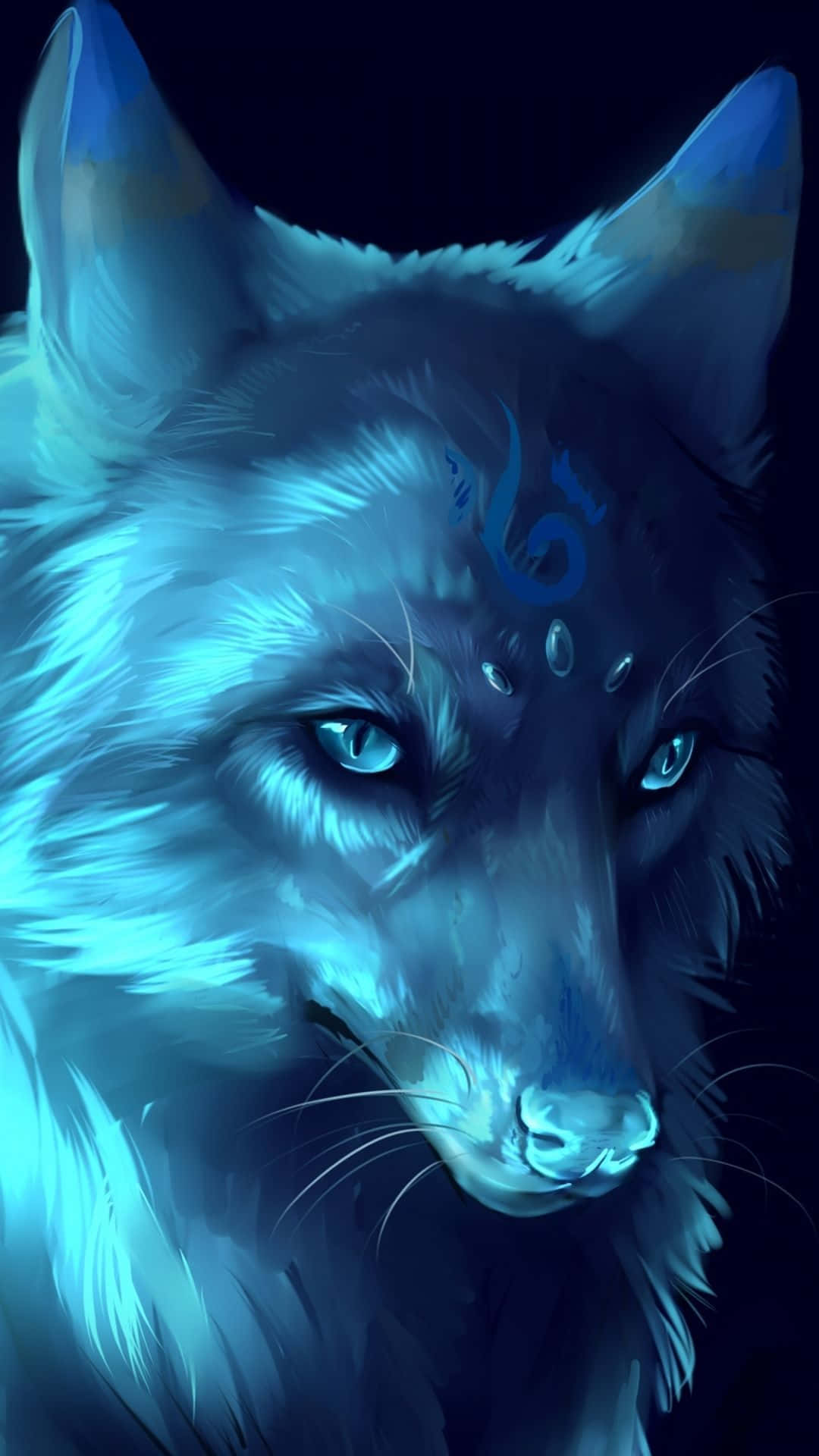 En blå ulv med blå øjne og en lys gule måne i et midnat himmel. Wallpaper