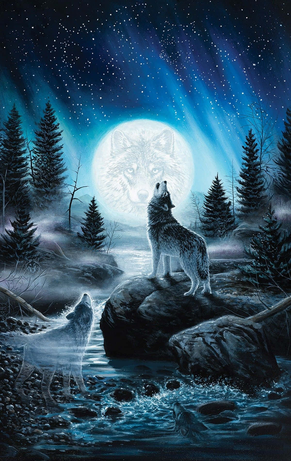 Vibrant Wolf Moon Rising through the Trees Wallpaper