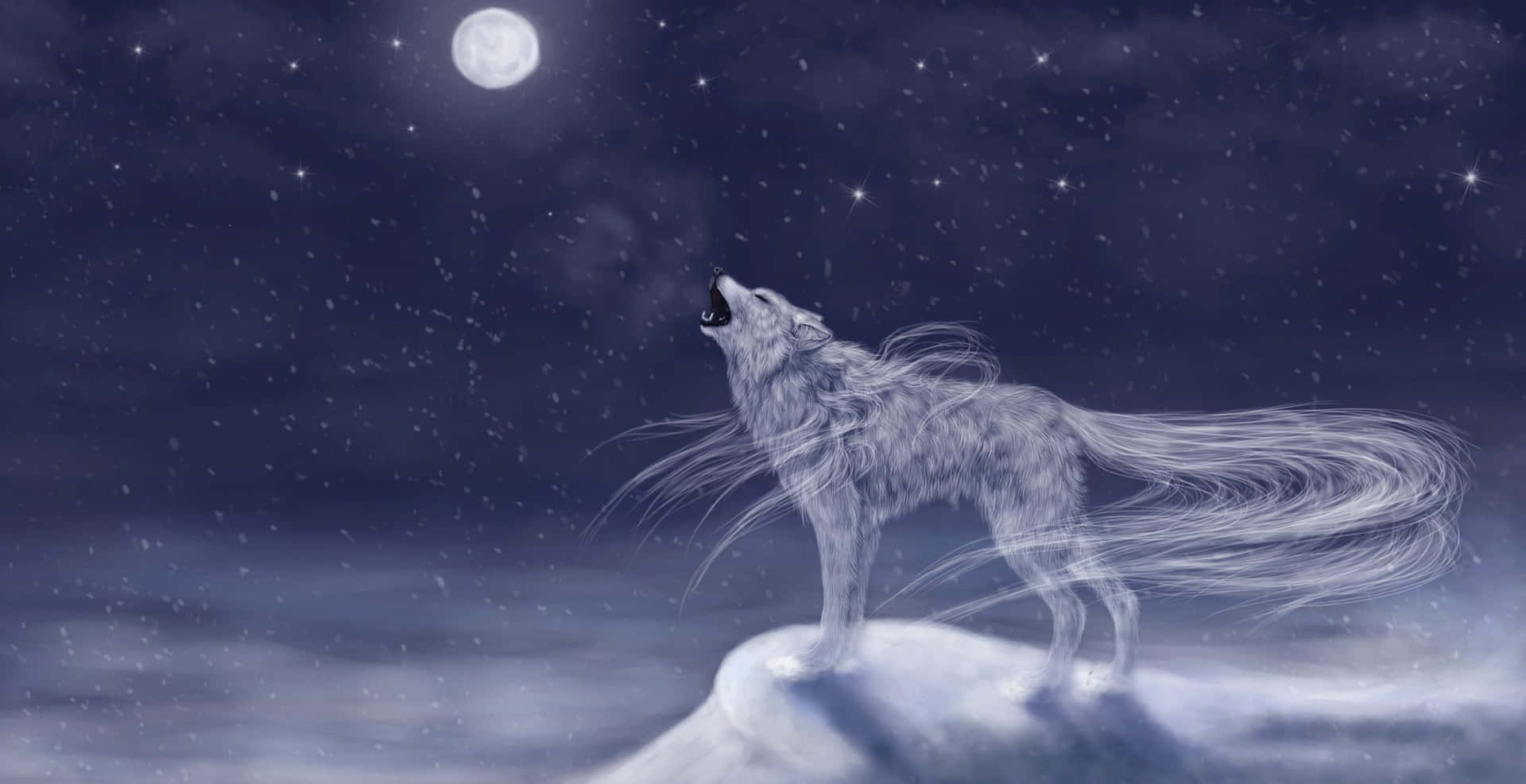 A majestic scene of a Wolf Howling Under a Full Moon Wallpaper