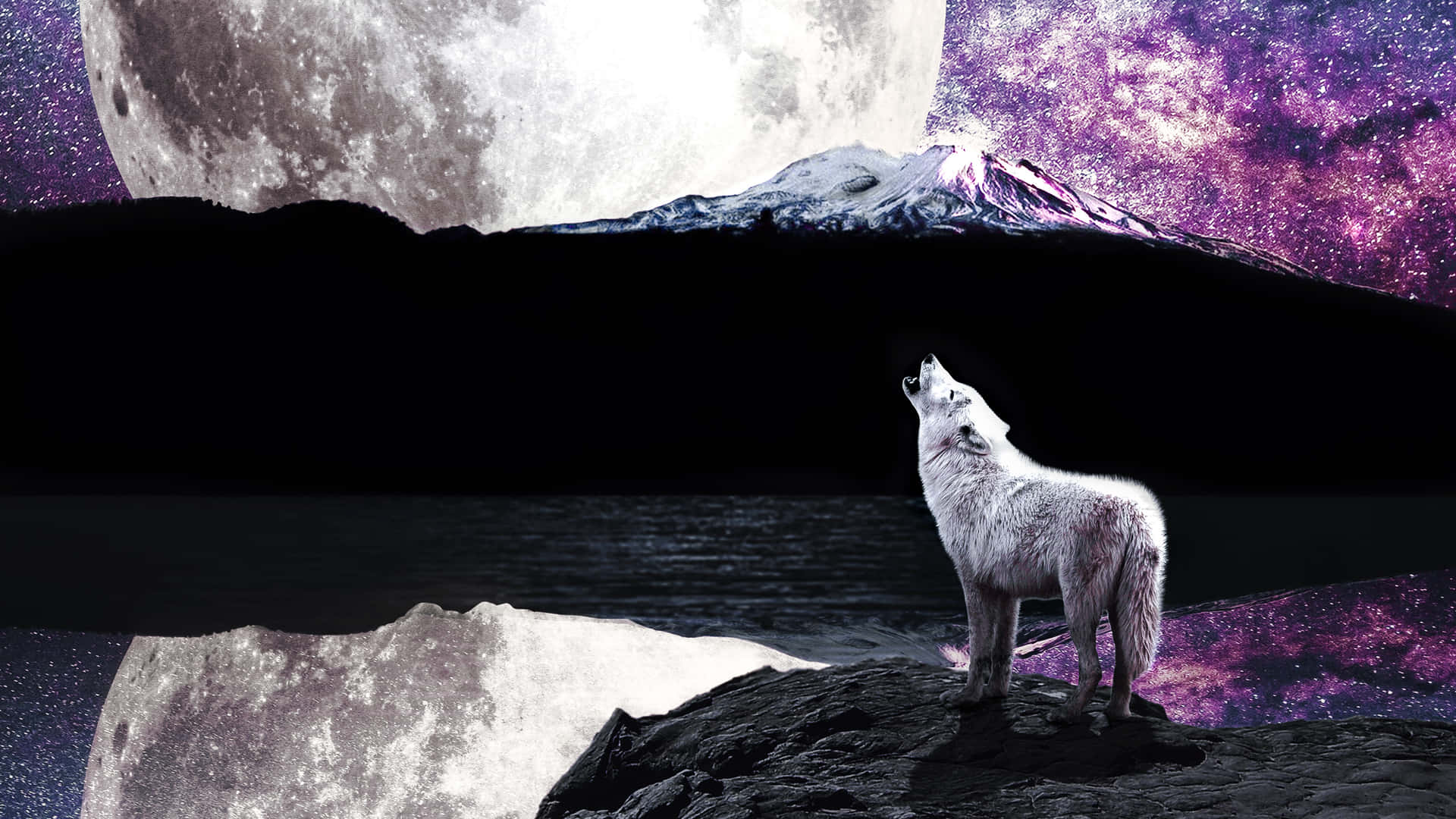 A mysterious wolf silhouette appears in the face of the full moon Wallpaper