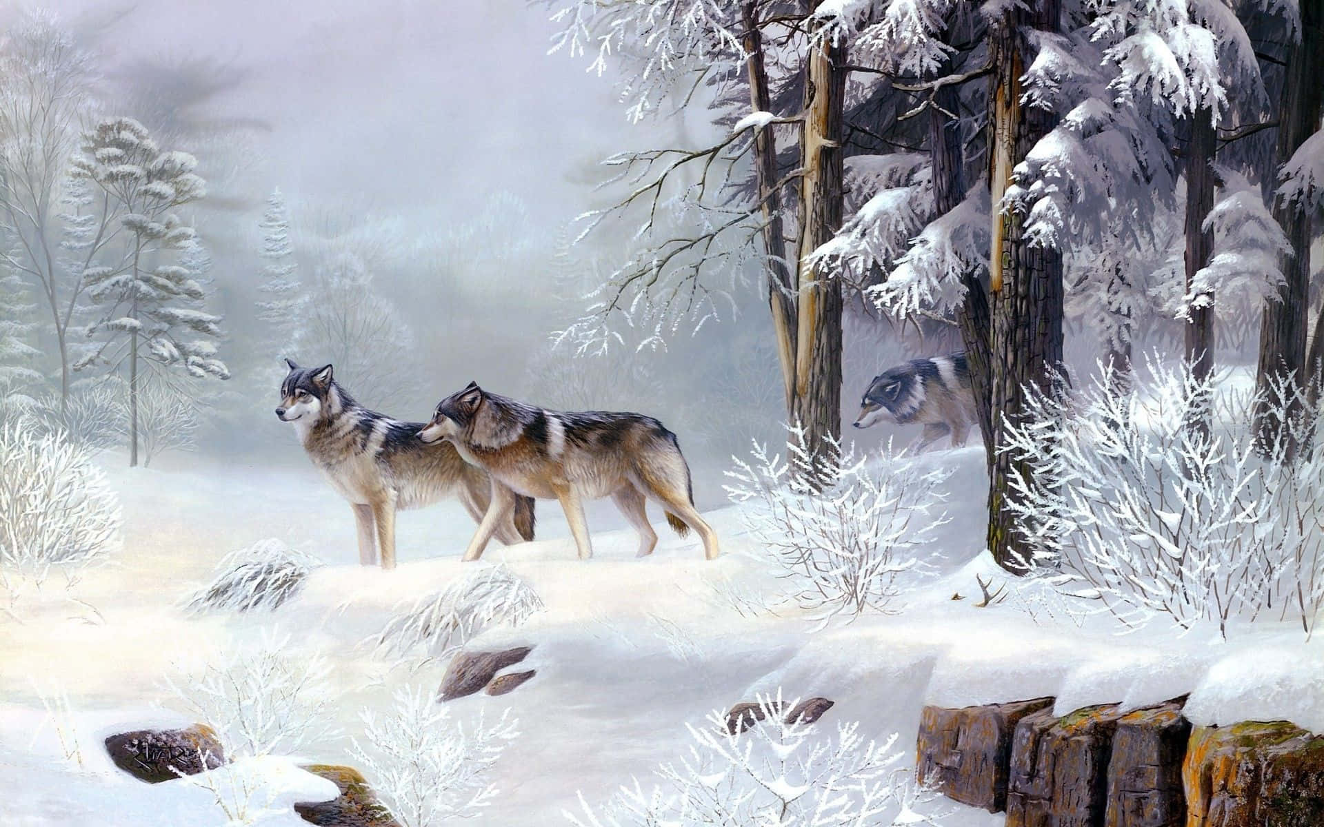 A Painting Of Wolves In The Snow Wallpaper