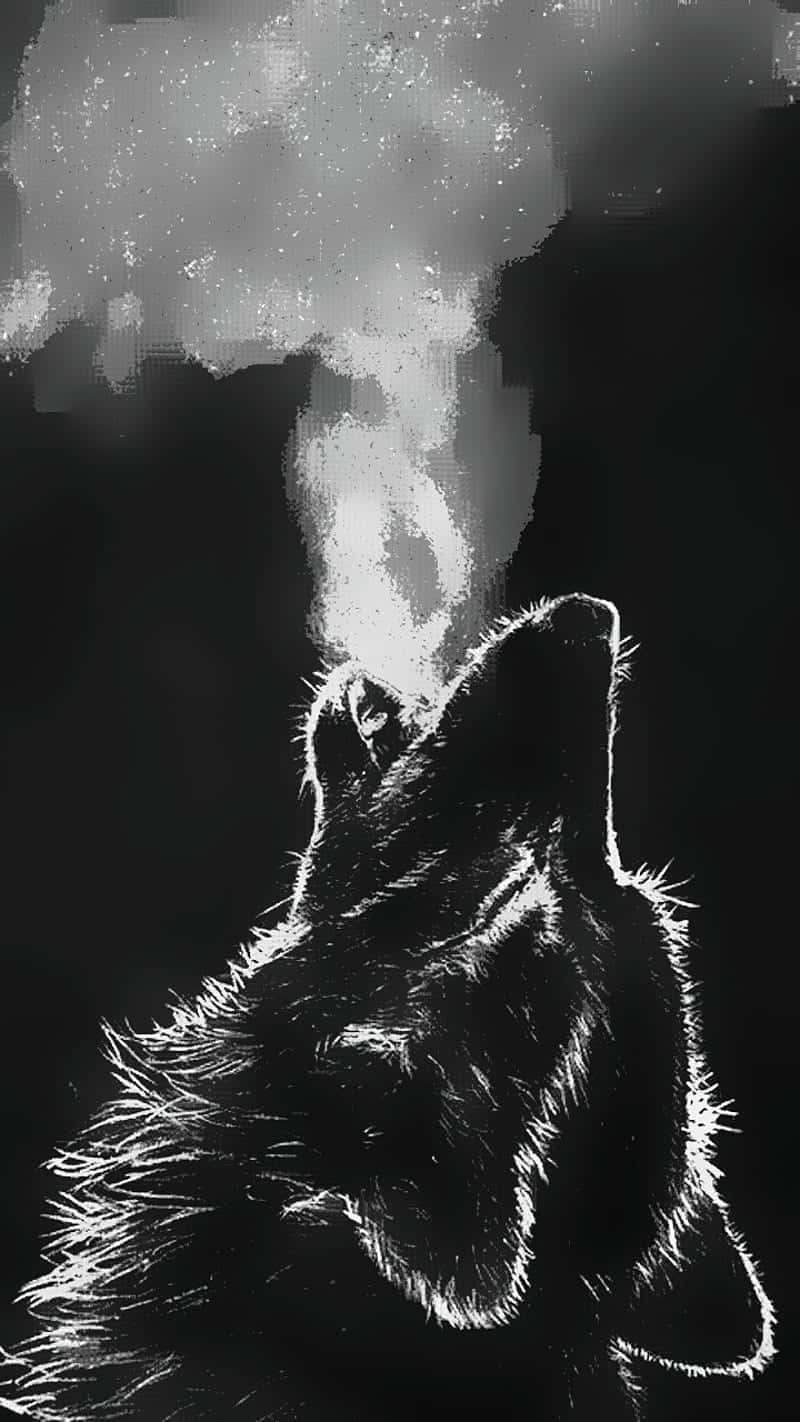A Black And White Drawing Of A Wolf Howling Wallpaper
