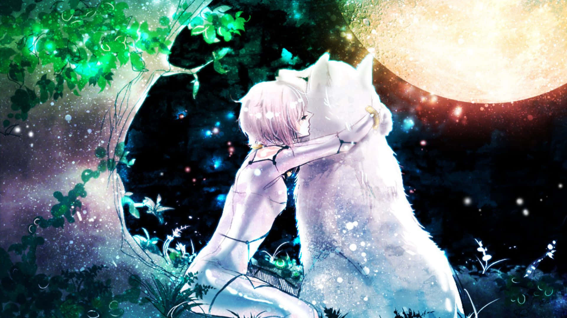 Cheza and Kiba, the main characters of the Wolf's Rain anime, embracing each other under the moonlight Wallpaper