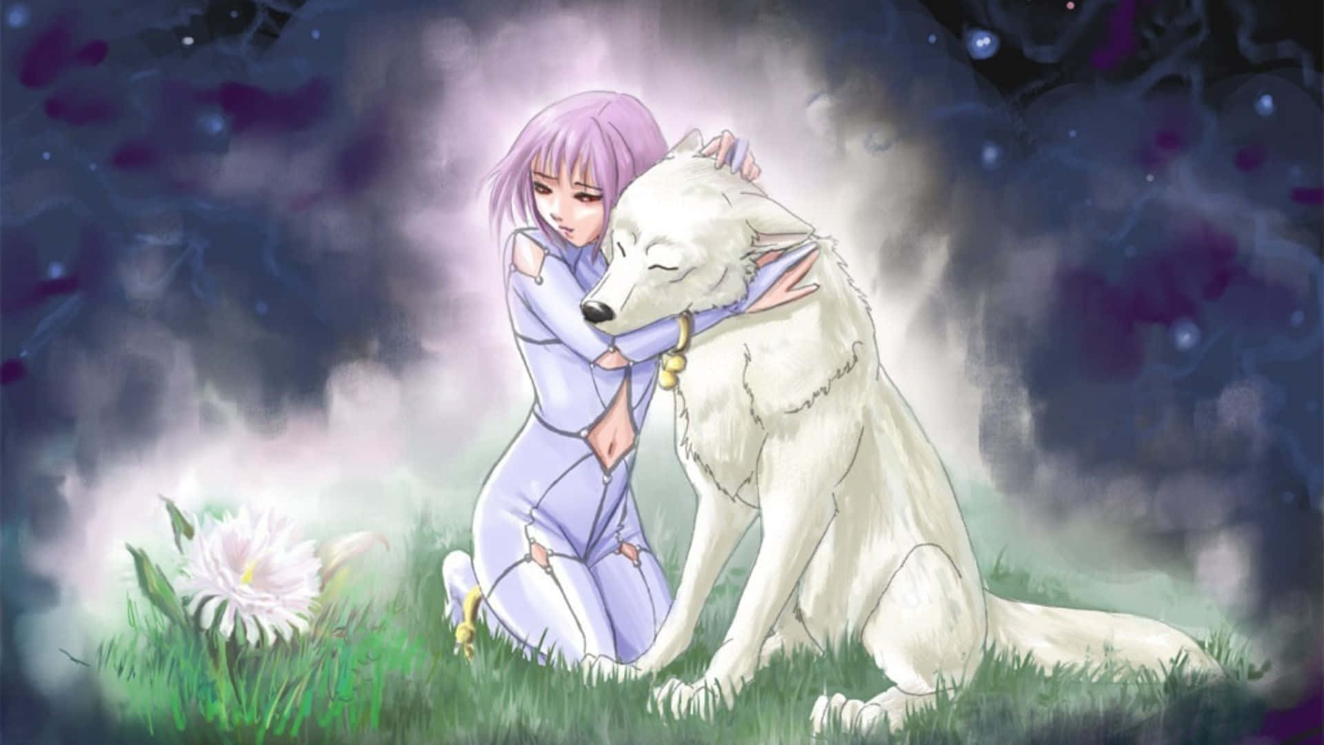 Cheza, The Flower Maiden, surrounded by wolves in Wolf's Rain Wallpaper