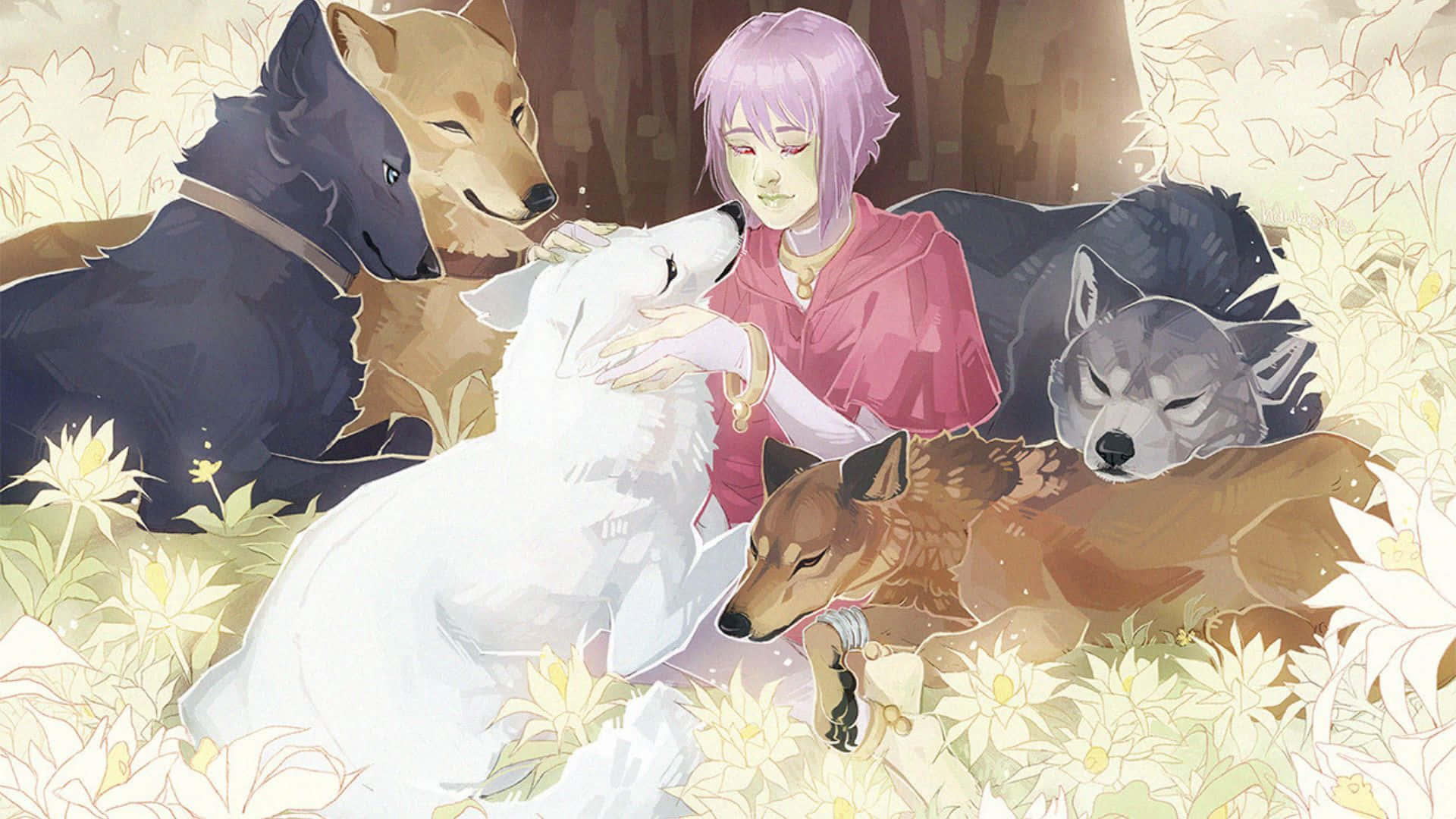 Cheza, the enigmatic Flower Maiden, glowing under the moonlight in the captivating world of Wolf's Rain. Wallpaper