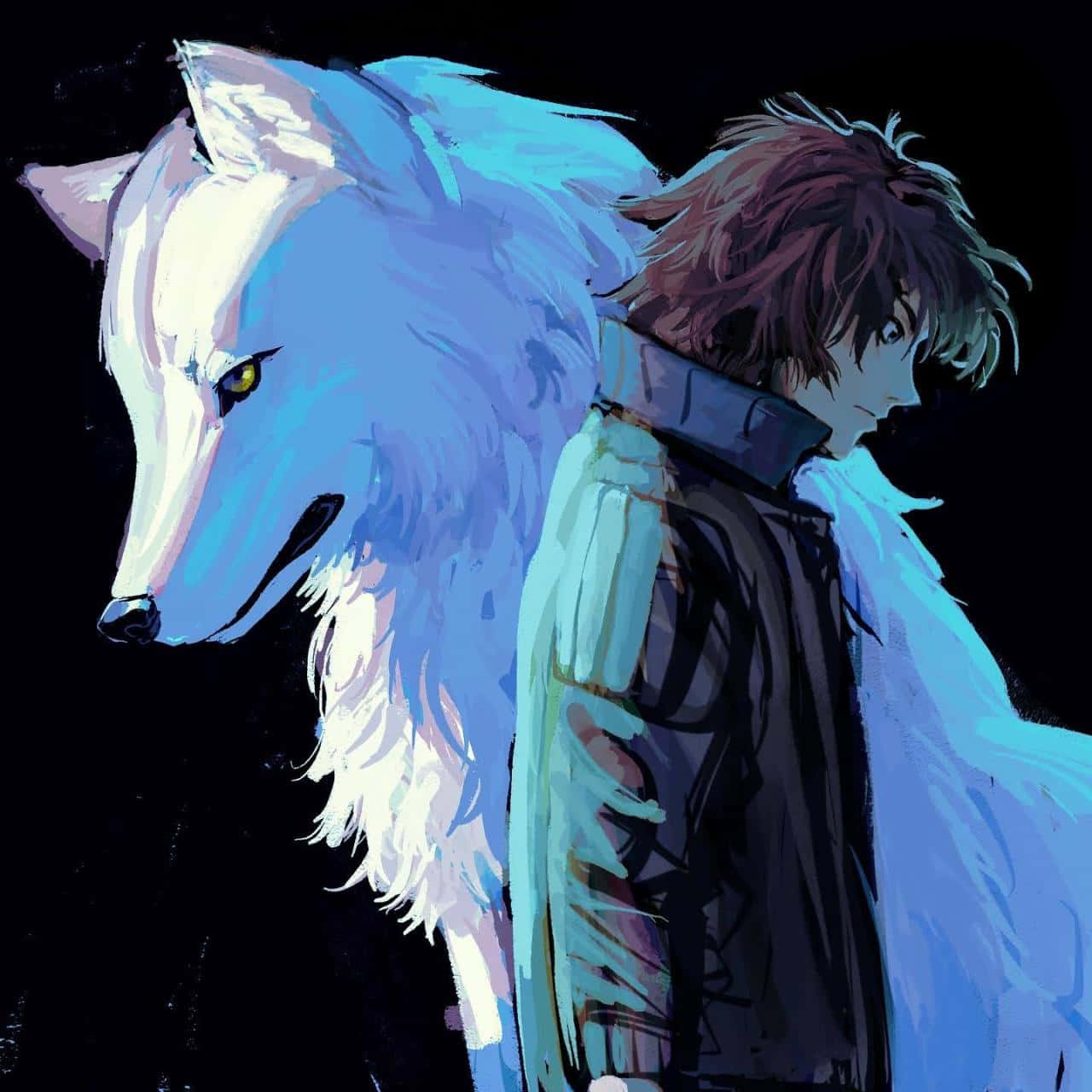 Kiba, the enigmatic white wolf, staring intently against a starry backdrop in the iconic anime series, Wolf's Rain. Wallpaper