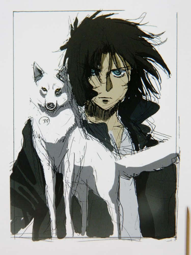 Kiba, the White Wolf from Wolf's Rain standing on a rock, looking fiercely into the distance Wallpaper