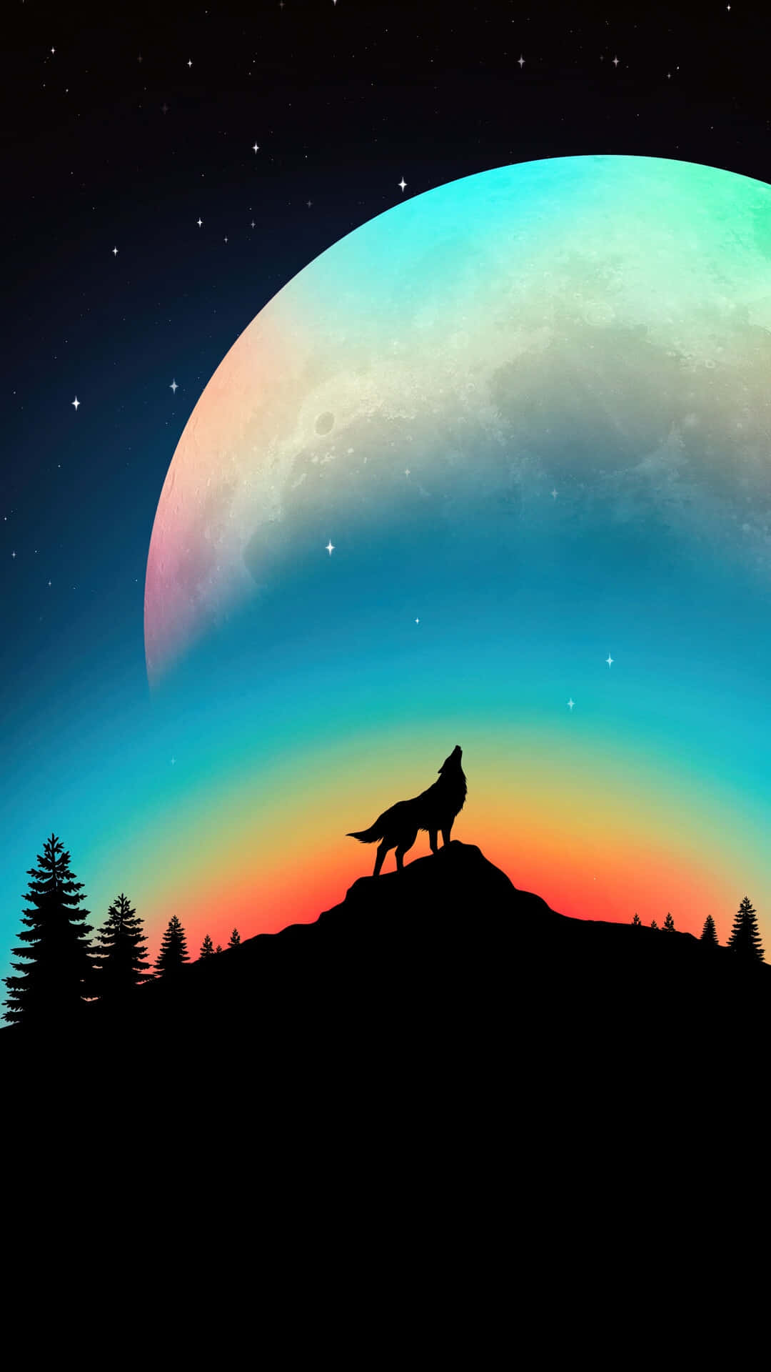 Mysterious Wolf Silhouette Under a Full Moon Wallpaper