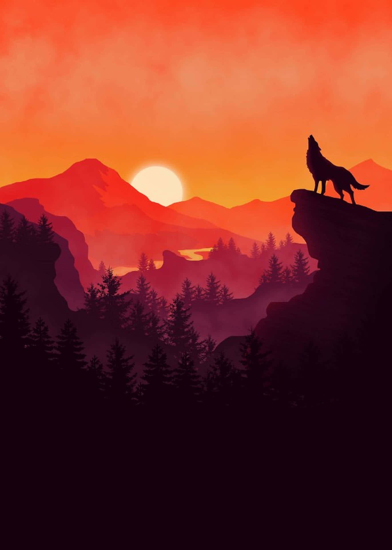 Majestic Wolf Silhouette Against a Forest Skyline Wallpaper