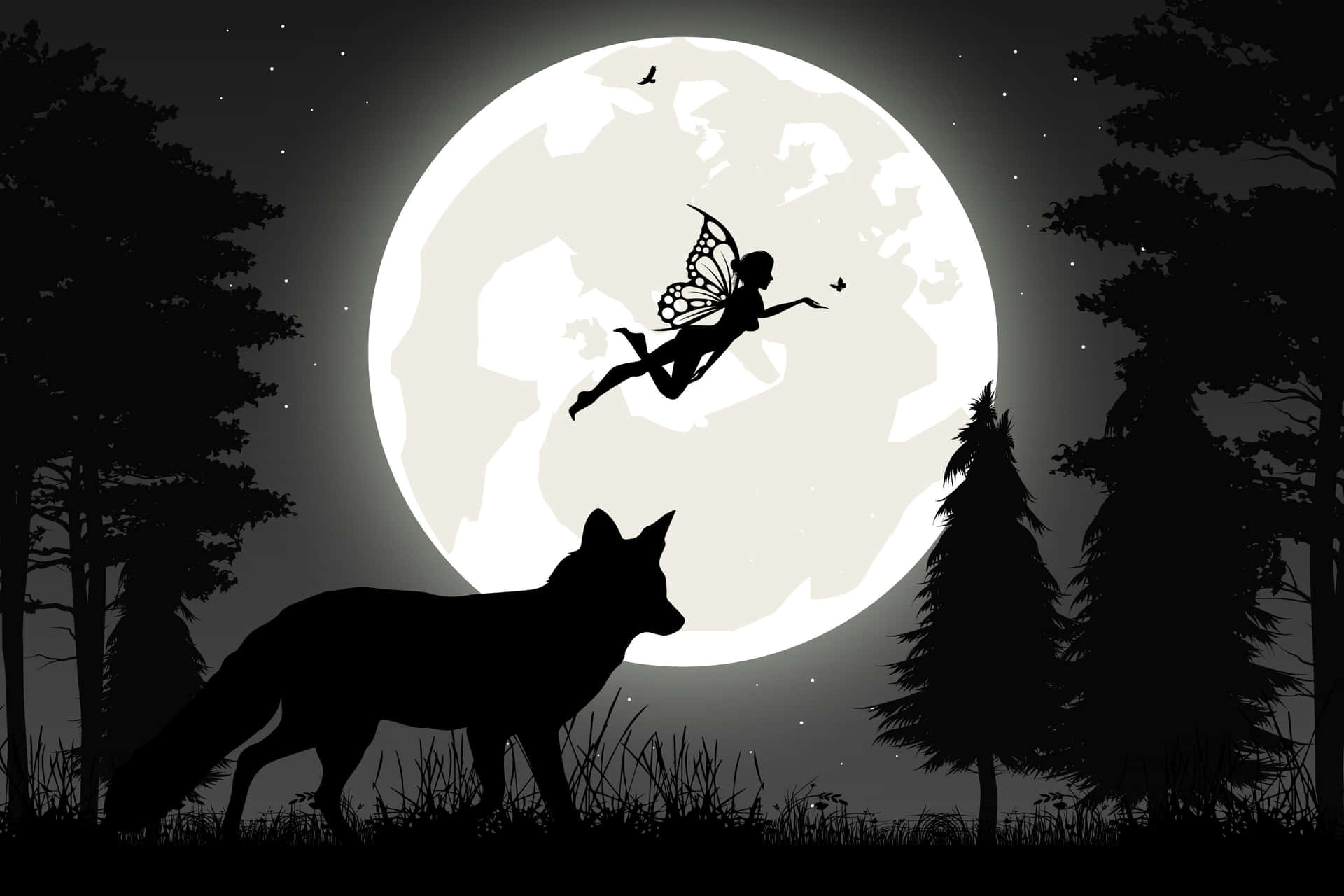 Caption: Majestic Wolf Silhouette against the Moonlit Sky Wallpaper