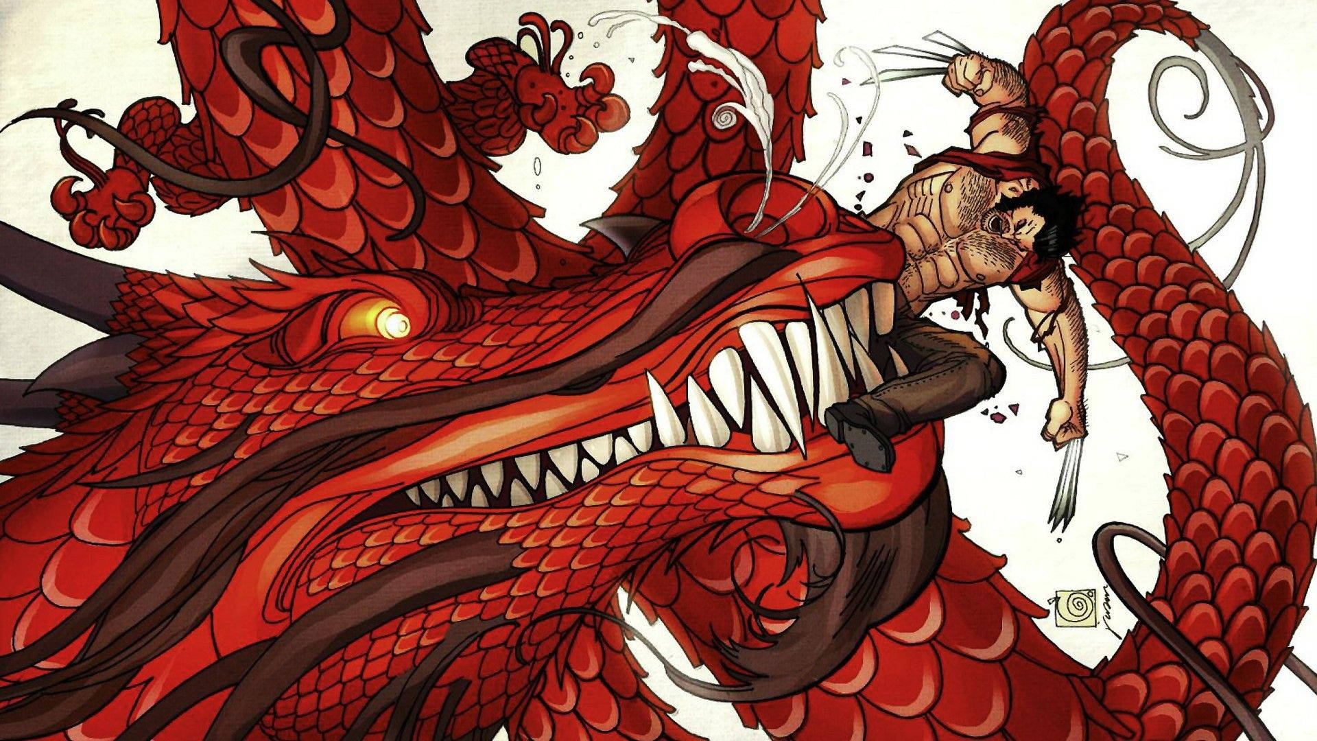 A dramatic battle between Wolverine & a Fire-breathing Dragon Wallpaper