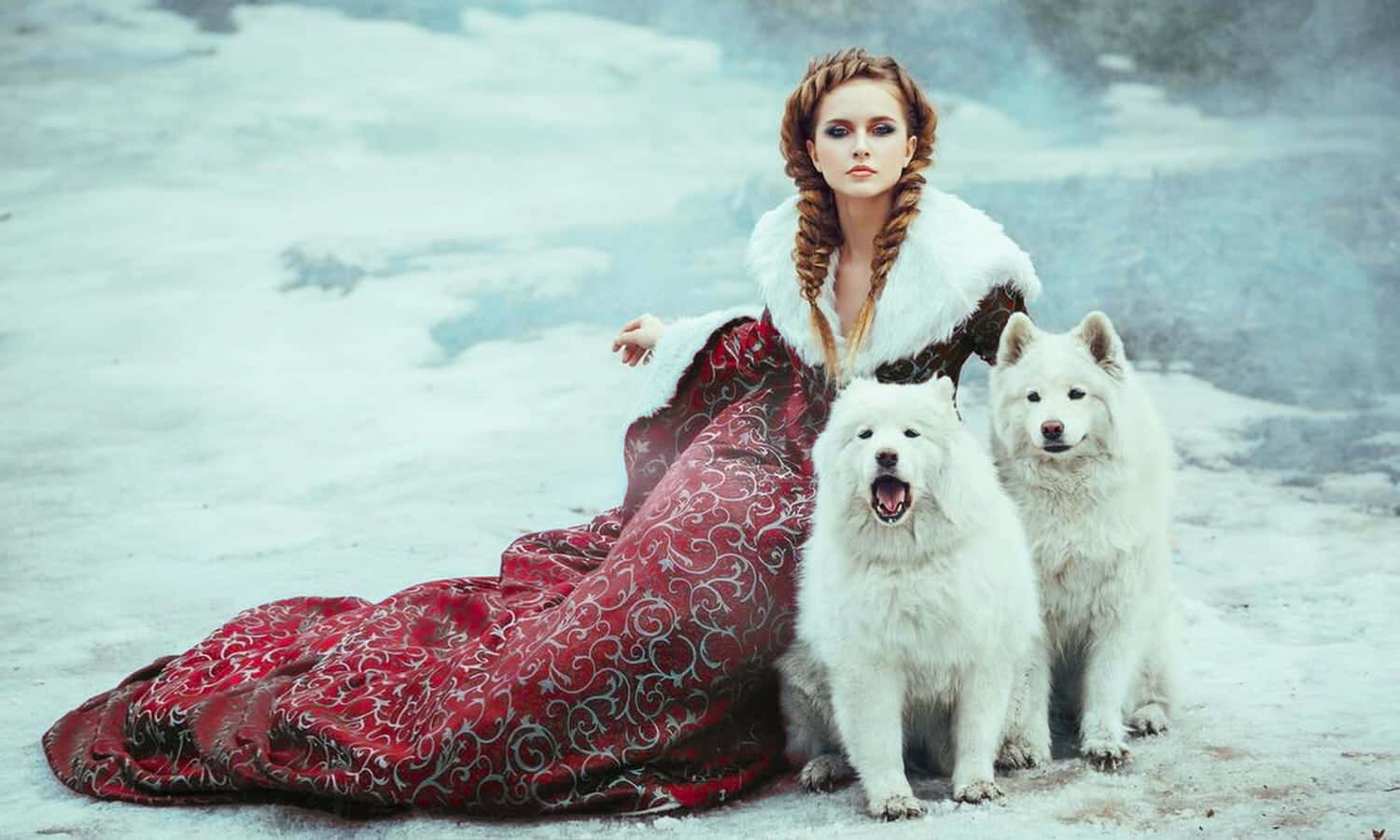 Beautiful Girl With White Wolves Picture