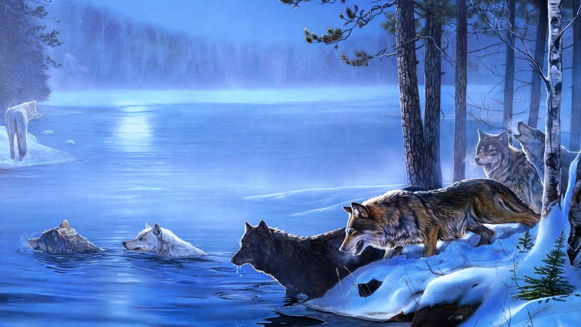 Imagemde Lobos Animados Em Uma Floresta De Inverno.