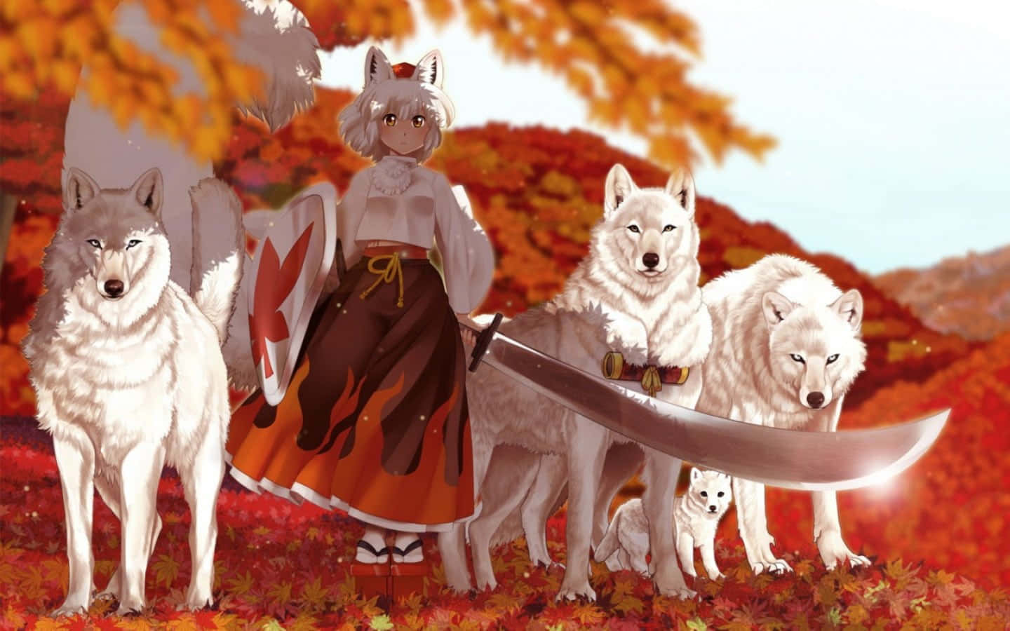 Imagende Una Chica De Anime Con Kimono Y Espada Rodeada De Lobos.