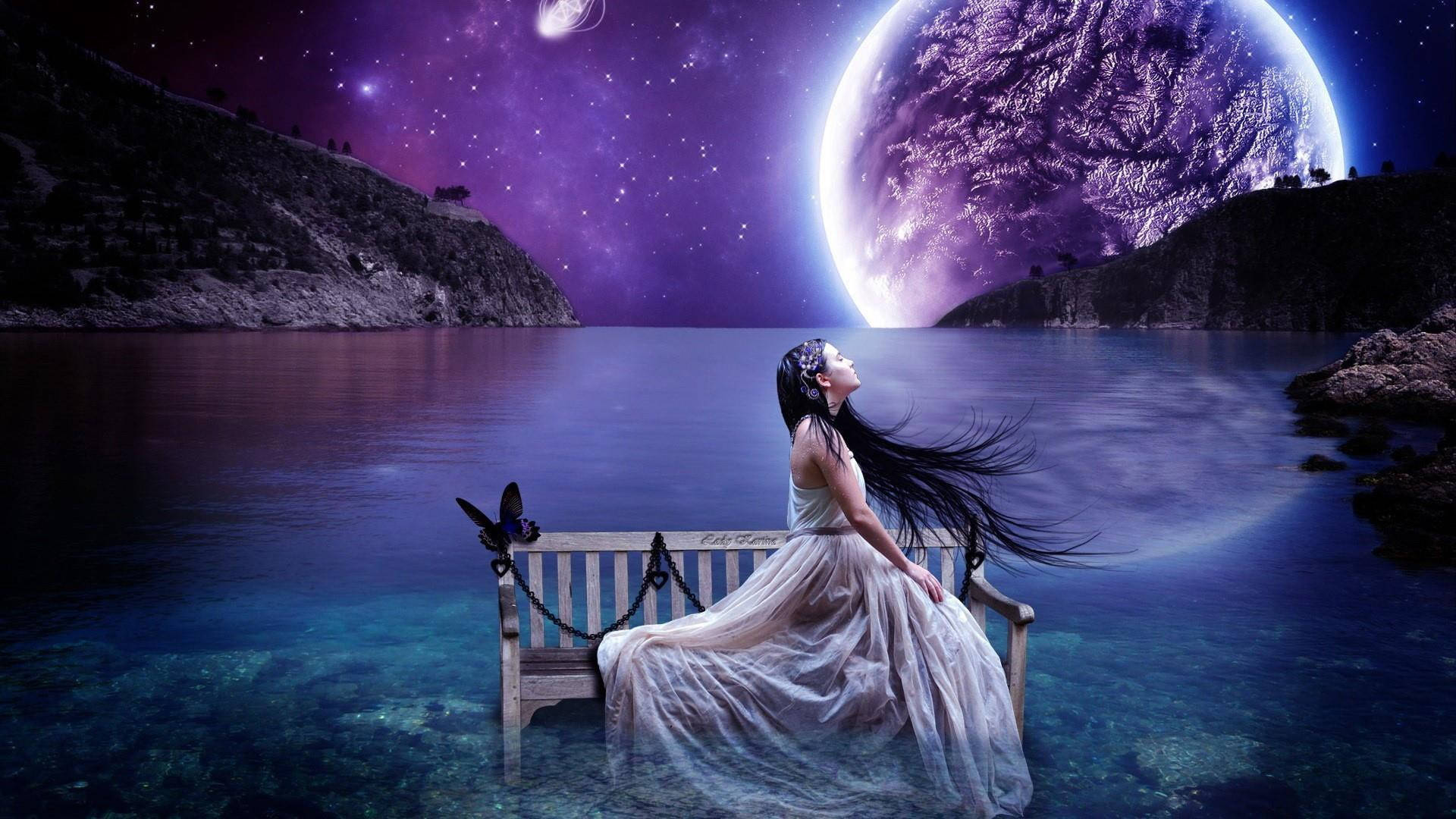 Woman And Night Butterfly Wallpaper