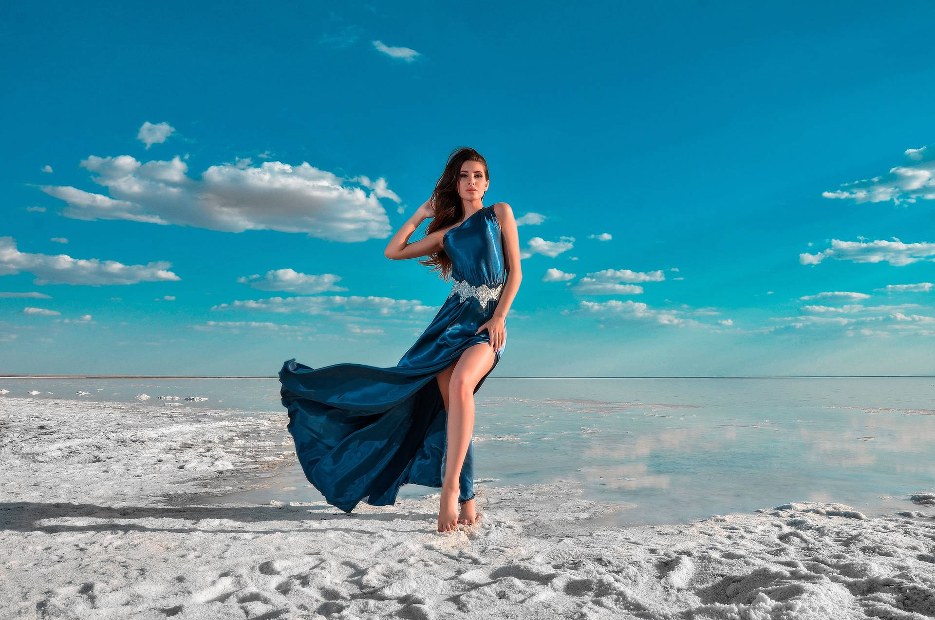 Woman Beach Blue Dress Picture
