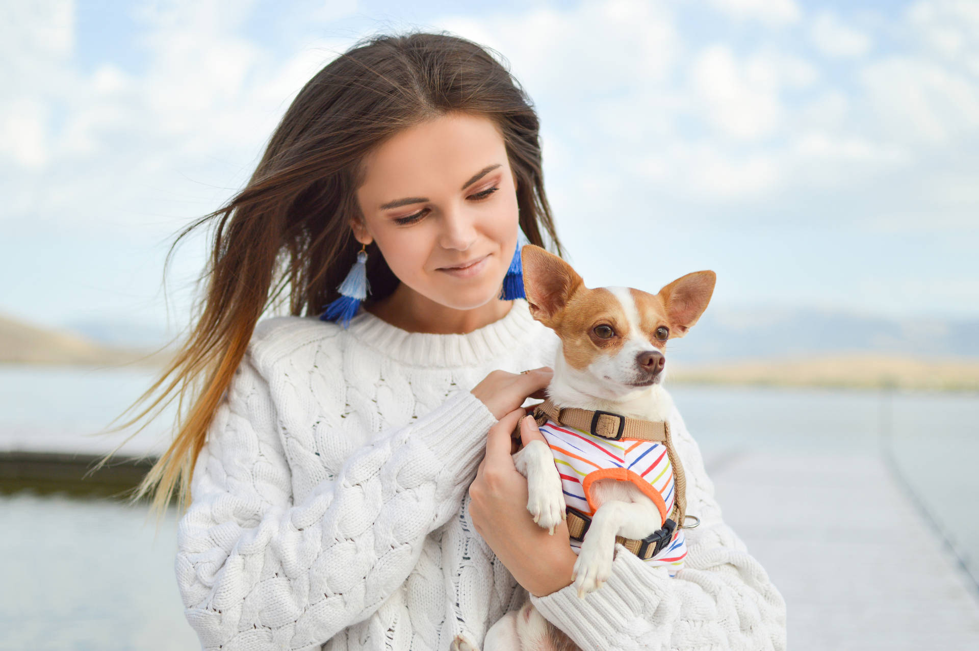 Woman Carrying Pet Dog Background