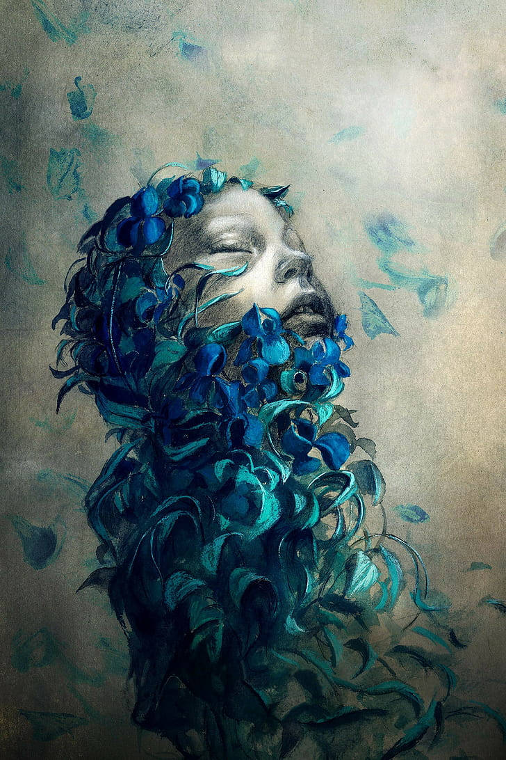 Kvinde dækket med blå blomst iPhone tapet. Wallpaper