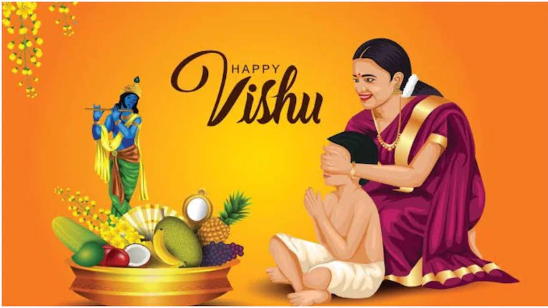 Woman Covering Son’s Eyes During Happy Vishu Celebration Wallpaper
