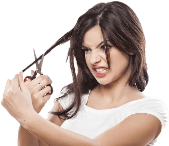 Woman Cutting Hair With Scissors PNG