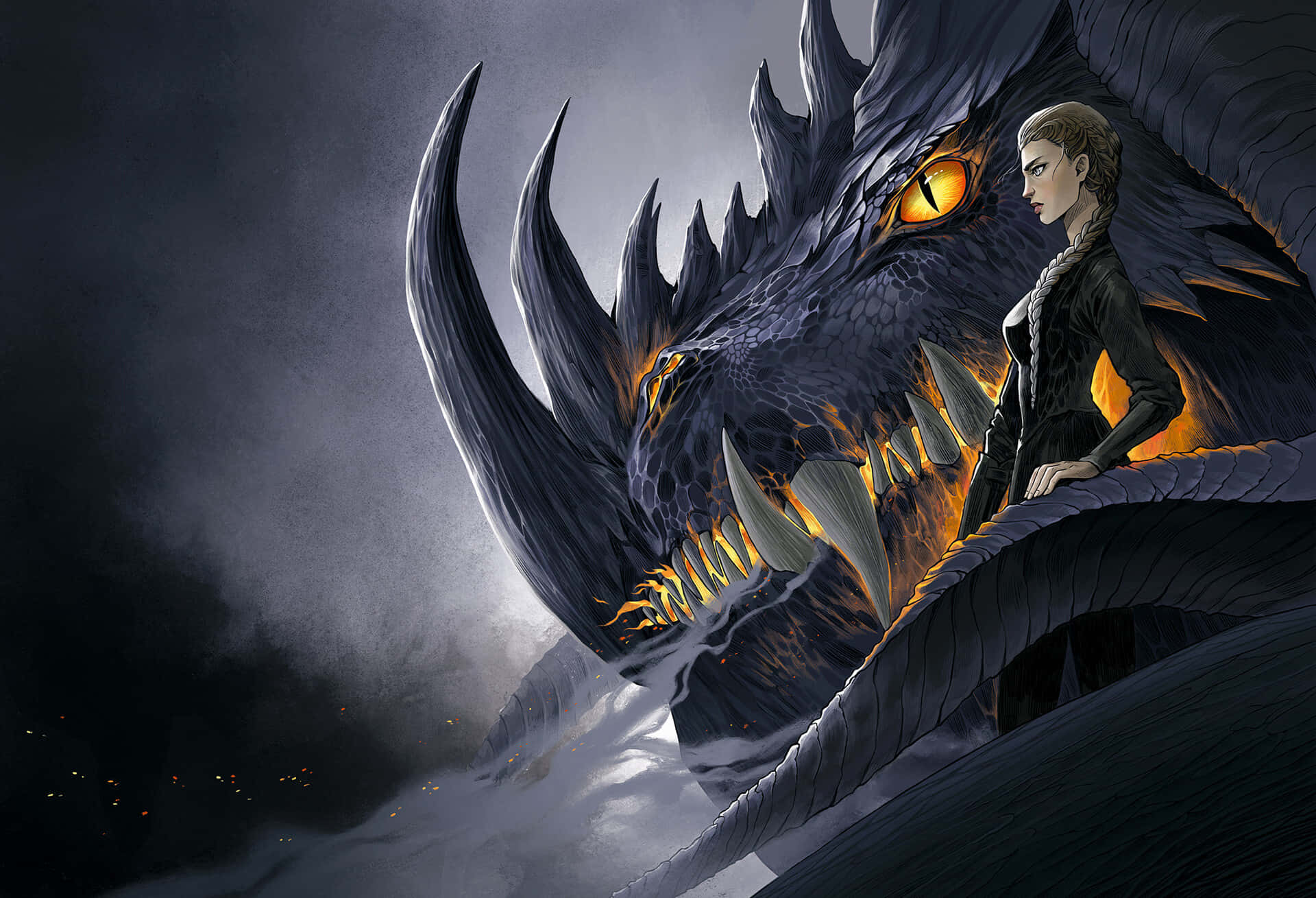 Woman Dragon Duo Fantasy Artwork Wallpaper