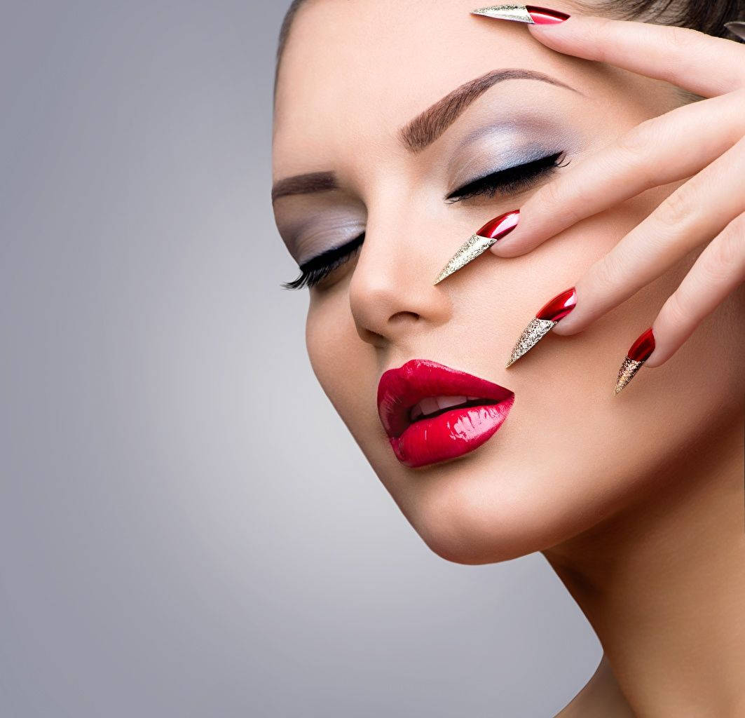 Woman Face Red Grey Nails Background