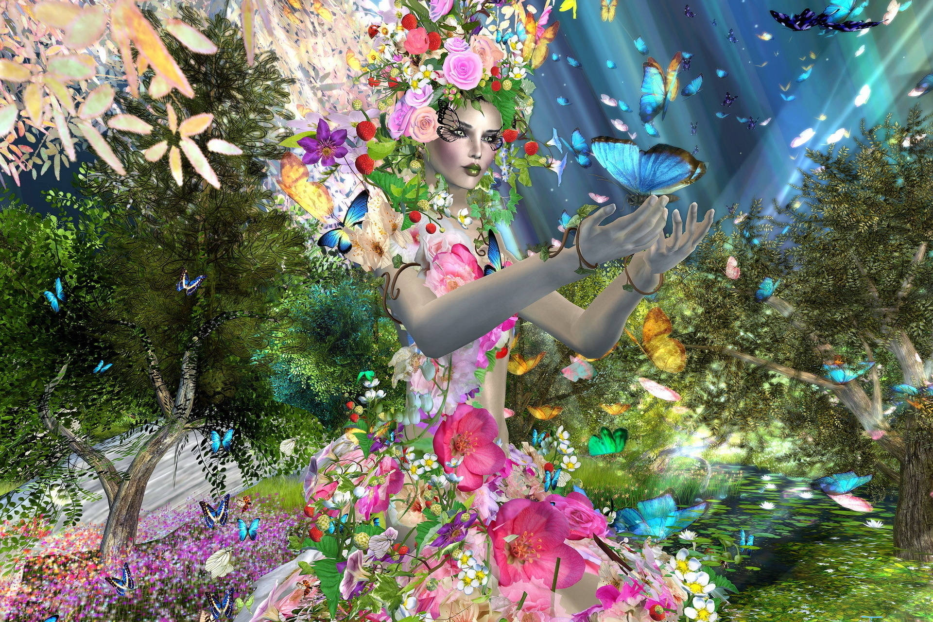 Mujer,flores Y Mariposas En Arte De Fantasía. Fondo de pantalla