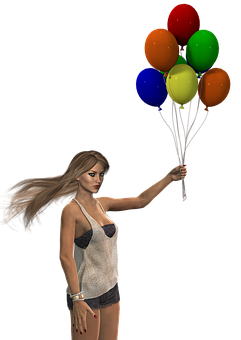 Woman Holding Colorful Balloons3 D Render PNG